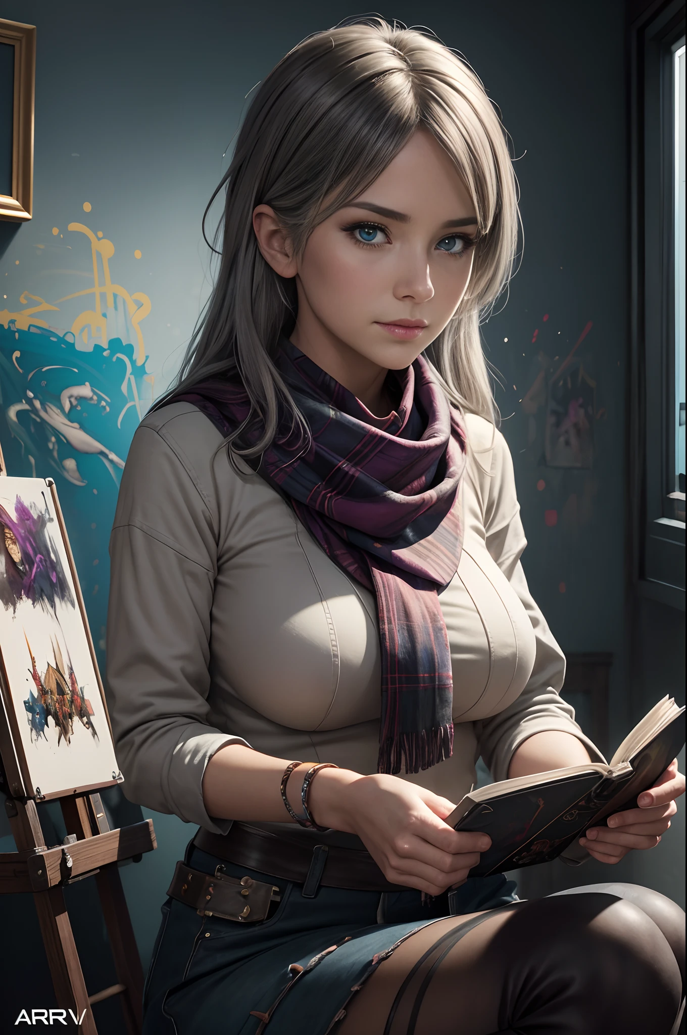 (dark shot:1.1)、The Magnificent Real、Hello Portrait、Lunette des Soleil、blue eyess、Tartan Scarf、Gray hair of Ateigairan、by Greg Rutkowsky、greg tocchini、by james gilleard、joe fenton、Käthe Butcher、gradient yellow、brack、brown、Magenta color scheme、grunge aesthetic!!Graffiti tag wall background、Art by Greg Rutkowski and ArtGerm、Soft Cinematic Lights、Adobe Lightroom、Photolab、HDR、Complex and ultra-detailed、(depth of fields:1.4)、fade、(neutral colors:1.2)、(HDR:1.4)、(Subdued Color:1.2)、Hyper-detailing、(art  stations:1.4)、Film-like、warm light、dramatic light、(intricate detailes:1.1)、the complex background、(Rutkowski:0.66)、(teal and orange:0.4)Red-haired sage,Mature woman with big breasts,Having a book,enticing,A sexy,