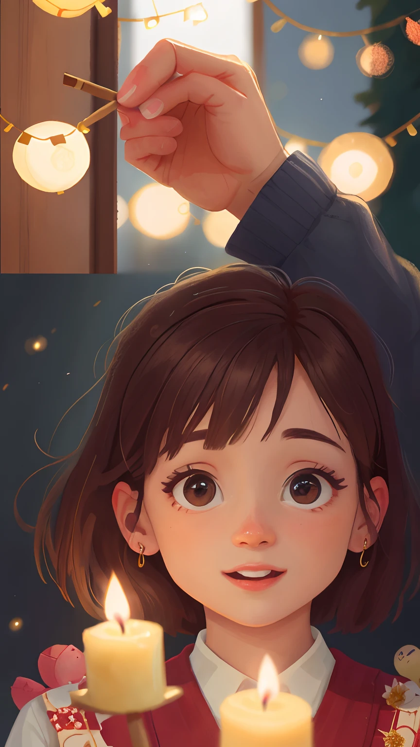 a candle , men and women, happy 14th birrthday, match sticks, warm lovely atmosphere, bright theme, blue theme , kindness, clear focus (clutter - house: 0.8), (masterpiece: 1.2) (Realistic: 1.2) (Bokeh) (Best quality) (Detailed skin: 1.3) (Intricate details) (8K) (Detail eyes) (Sharp focus), (Happy)