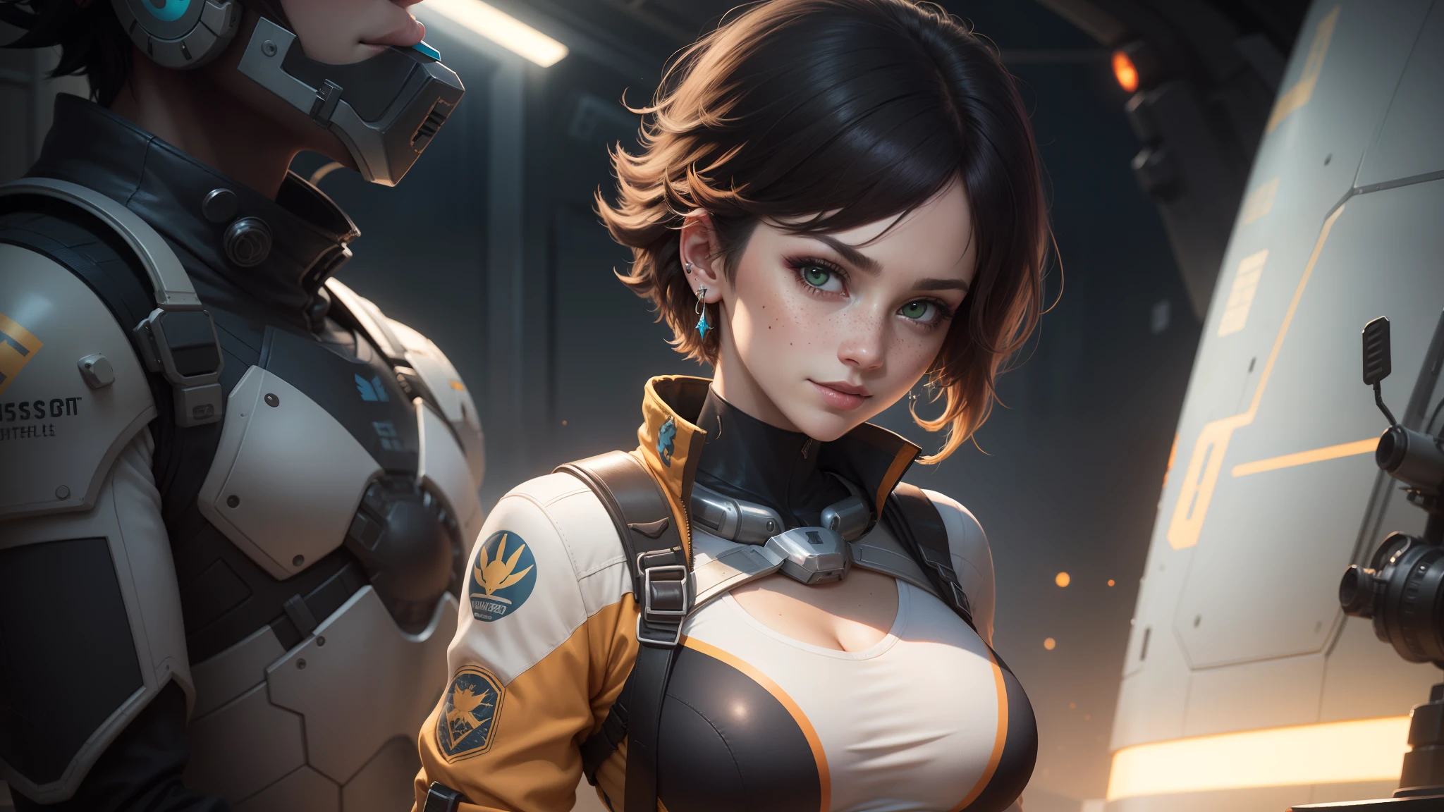 gwen tennyson,ryuuko matoi,y'shtola rhul,tracer,atelier ryza,overwatch,close up,mecha pilot,space port,tattoos,orange and silver plugsuit,white short sleeve lycra top,steel cargo pants,uncovered belly,short hair,cute makeup,green eyes,dimensional golden hair,shy smile,freckles,beautiful girl,large breasts,8k,ultra detailed,realistic,fantasy art,saiyan armor,cyborg armor,steel armor,space ship,military uniform,ear piercings,hair pin,super saiyan girl,saiyan female,pilot jacket,