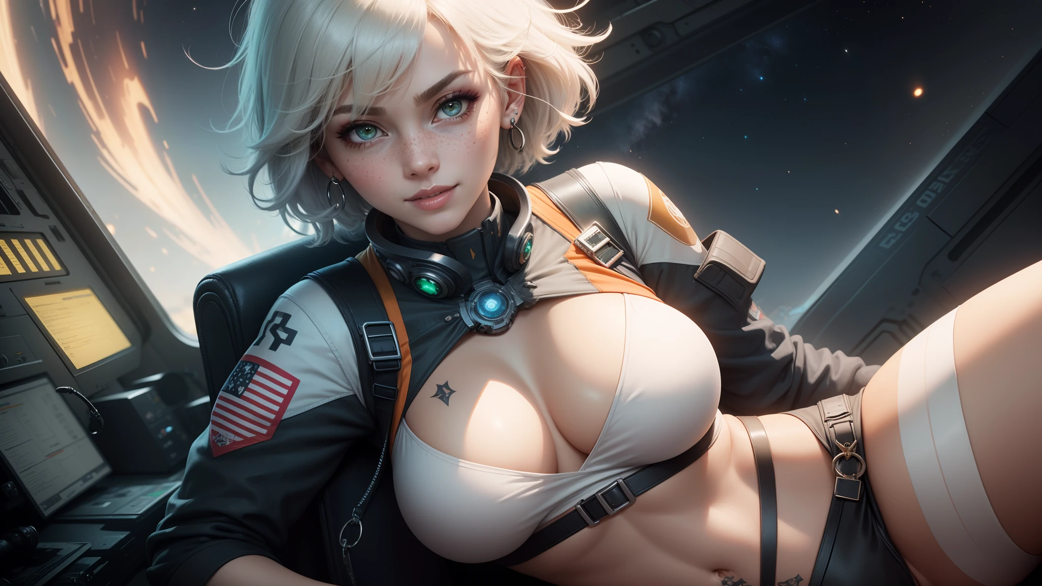gwen tennyson,ryuuko matoi,y'shtola rhul,tracer,atelier ryza,overwatch,close up,mecha pilot,space port,tattoos,orange and silver plugsuit,white short sleeve lycra top,steel cargo pants,uncovered belly,short hair,cute makeup,green eyes,dimensional golden hair,shy smile,freckles,beautiful girl,large breasts,8k,ultra detailed,realistic,fantasy art,saiyan armor,cyborg armor,steel armor,space ship,military uniform,ear piercings,hair pin,super saiyan girl,saiyan female,pilot jacket,