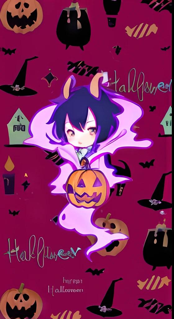 a close up of a cartoon character holding a pumpkin, halloween art style, in a halloween style, halloween theme, halloween, halloween atmosphere, spooky halloween theme, scarry but bewitching, halloween celebration, spooky, chibi, halloween wallpaper with ghosts, trick or treat, halloween night, witch boy, Ghost boy , by Ei-Q, ???, gloomy, witchy, halloween scene