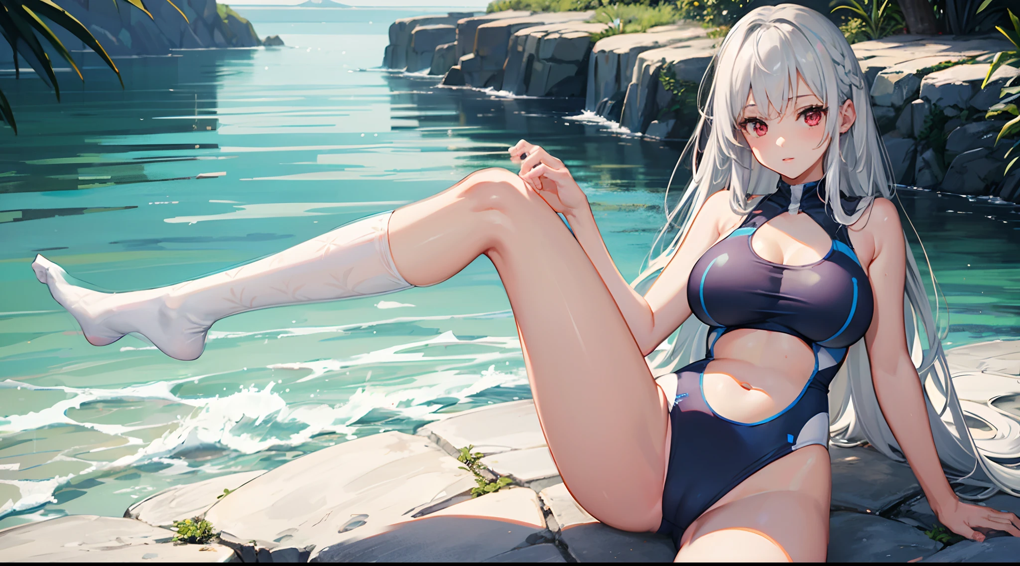 girl white silver hair red eyes socks swimsuit two pieces big breasts pattern oblique stand up