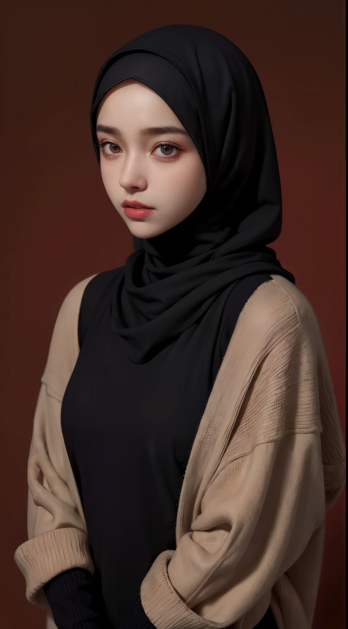 a 20 yo woman,hijab, sweater, dark theme, soothing tones, muted colors, high contrast, (natural skin texture, hyperrealism, soft light, sharp),red background,simple background,