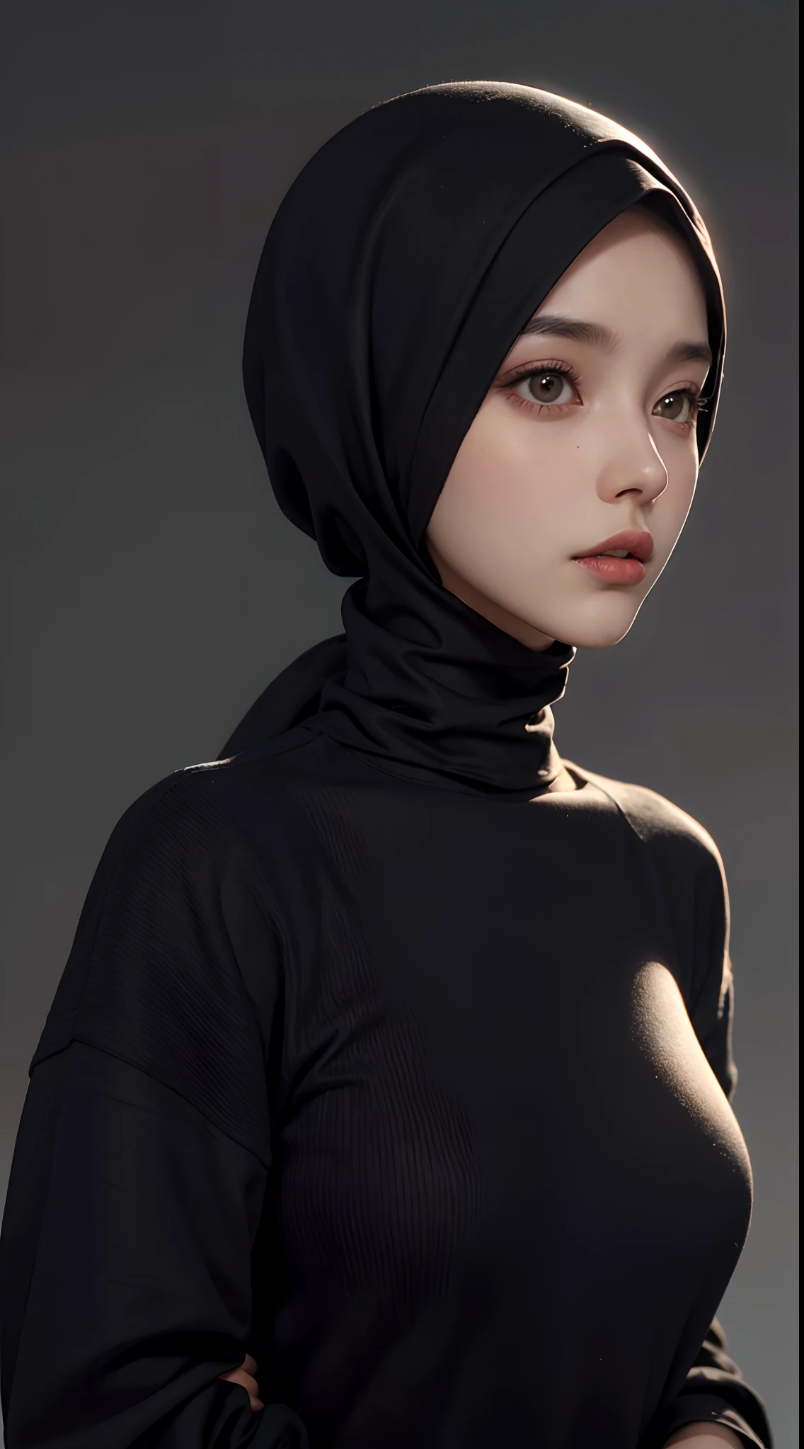 a 20 yo woman,hijab, sweater, dark theme, soothing tones, muted colors, high contrast, (natural skin texture, hyperrealism, soft light, sharp),red background,simple background,