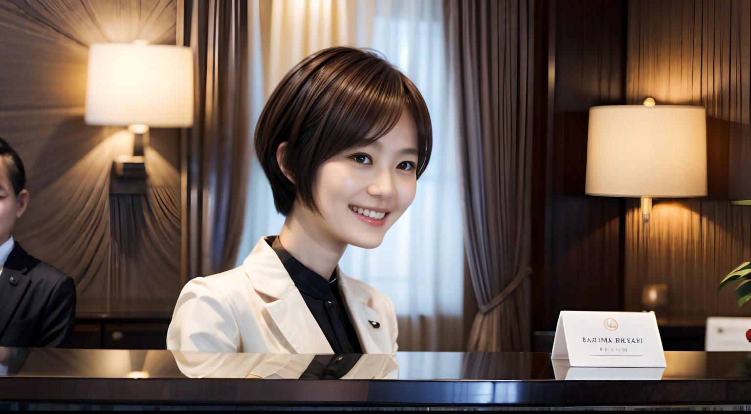 50
(19-year-old woman), (A hyper-realistic), (masutepiece), Short bob cut, Concierge at the hotel reception, kindly smile