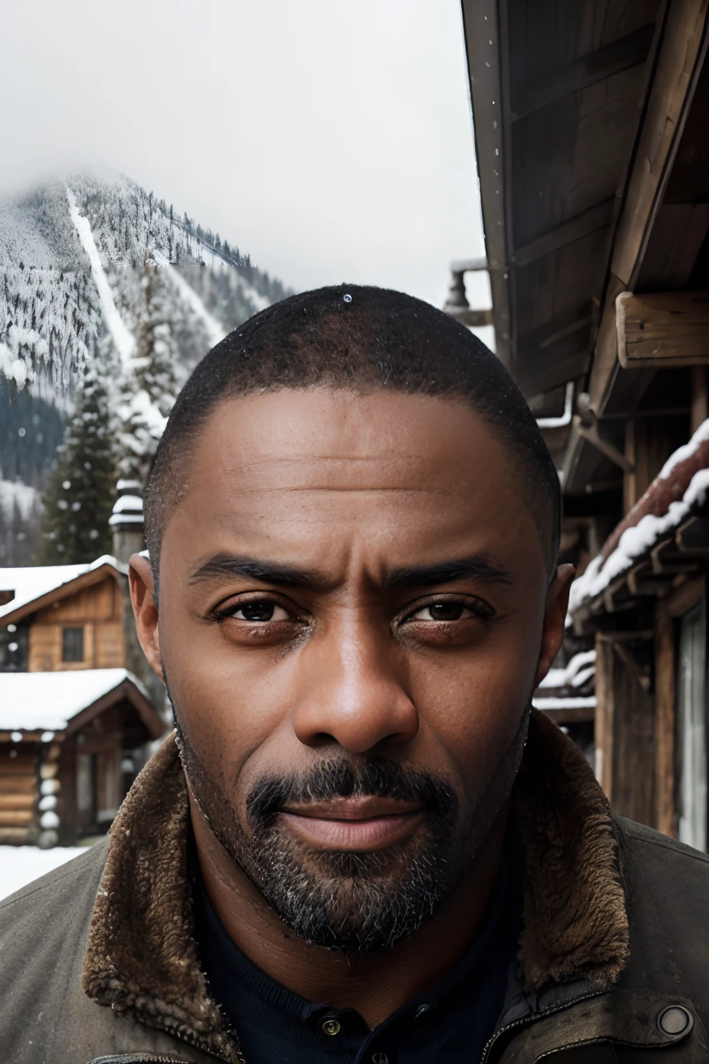 masterpiece, DSLR photo, analog style, nikon d5, real photo, a (medium shot:1.3) photo of idris elba wearing winter cloths in a snowy alpine village, dramatic lighting (85mm), (detailed facial features), (detailed shiny eyes), dynamic angle, jeremy mann, Ilya Kuvshinov style