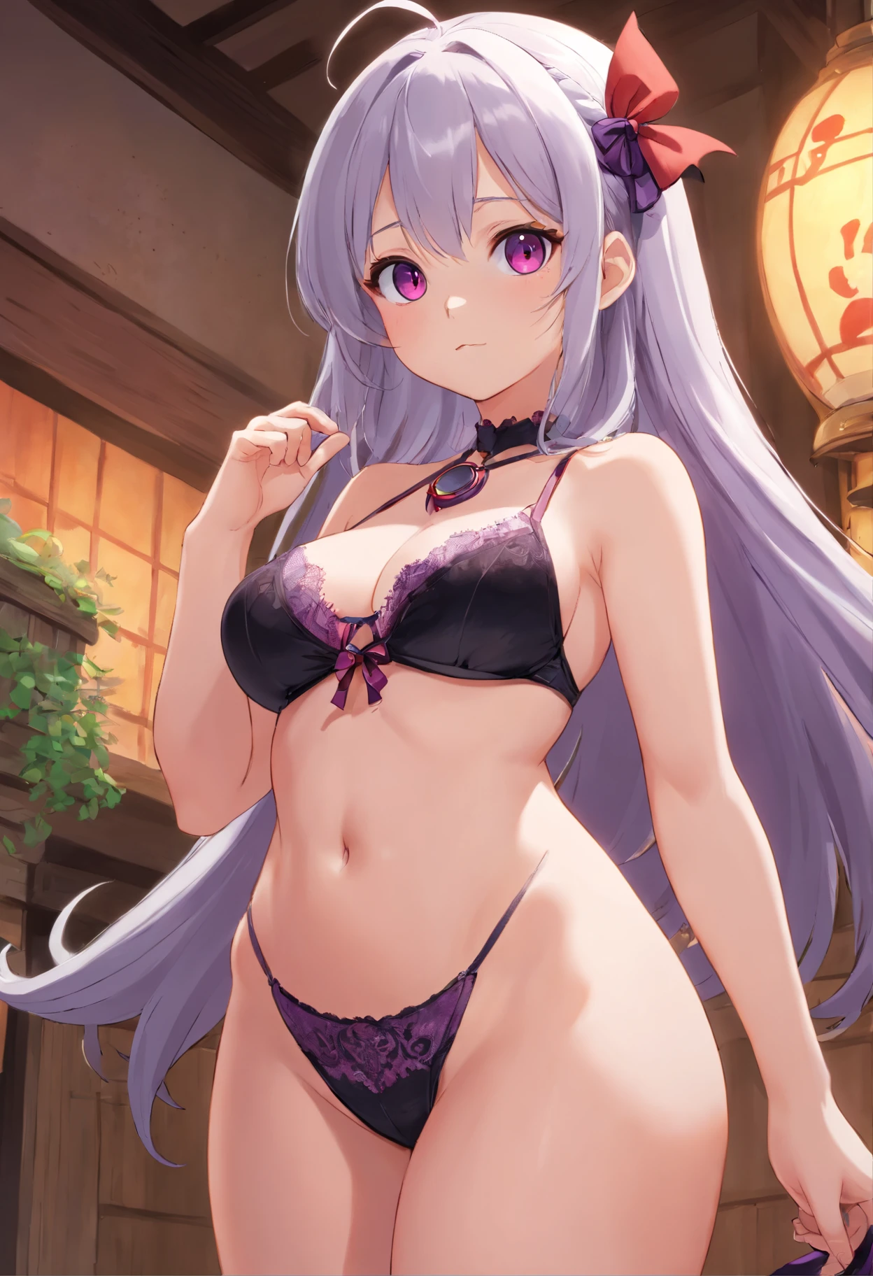 loli girl, 1girl!!, teen, red eyes, silver hair, purple and black lingerie, curvy, big ass, wide hips, front view, blushing