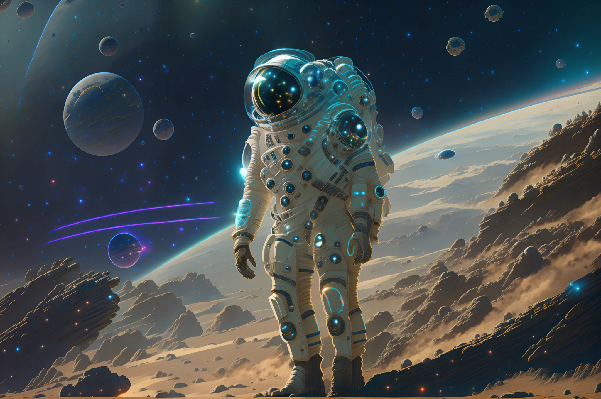 On the hill stood a man in a spacesuit, sci-fi space game art, futuristic astronaut, space sci - fi, Sci-fi spacesuit, The Outer Worlds, Spacesuit, Science-fi digital art illustration, epic beautiful space scifi, greg beeple, futuristic spacesuit, science fiction digital art, dusty space suit, sci fi epic digital art