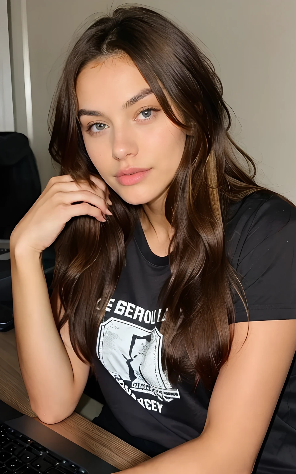 Beautiful brunette with blonde highlights wearing tshirt, no makeup, bare face, laptop, study, night