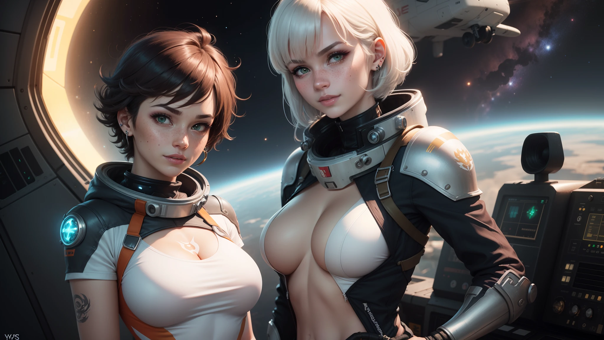 gwen tennyson,ryuuko matoi,y'shtola rhul,tracer,atelier ryza,overwatch,close up,mecha pilot,space port,tattoos,orange and silver plugsuit,white short sleeve lycra top,steel cargo pants,uncovered belly,short hair,cute makeup,green eyes,dimensional golden hair,shy smile,freckles,beautiful girl,large breasts,8k,ultra detailed,realistic,fantasy art,saiyan armor,cyborg armor,steel armor,space ship,pilot uniform,ear piercings,hair pin,super saiyan girl,saiyan female,pilot jacket,