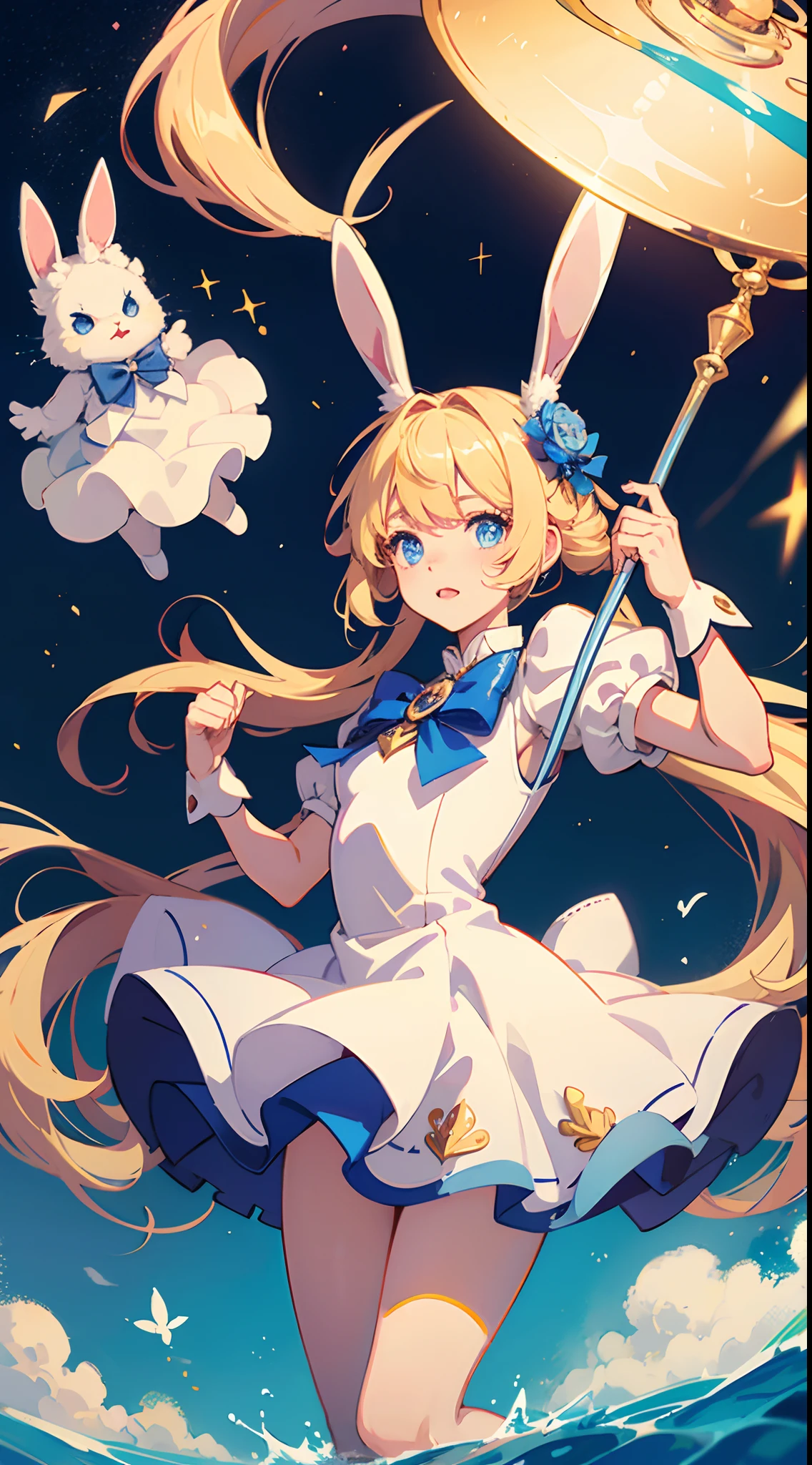 a magical girl, mahou shojou, puffy dress, magical staff, floating in the sky, blond hair, blue eyes, bunny ears, bunny tail