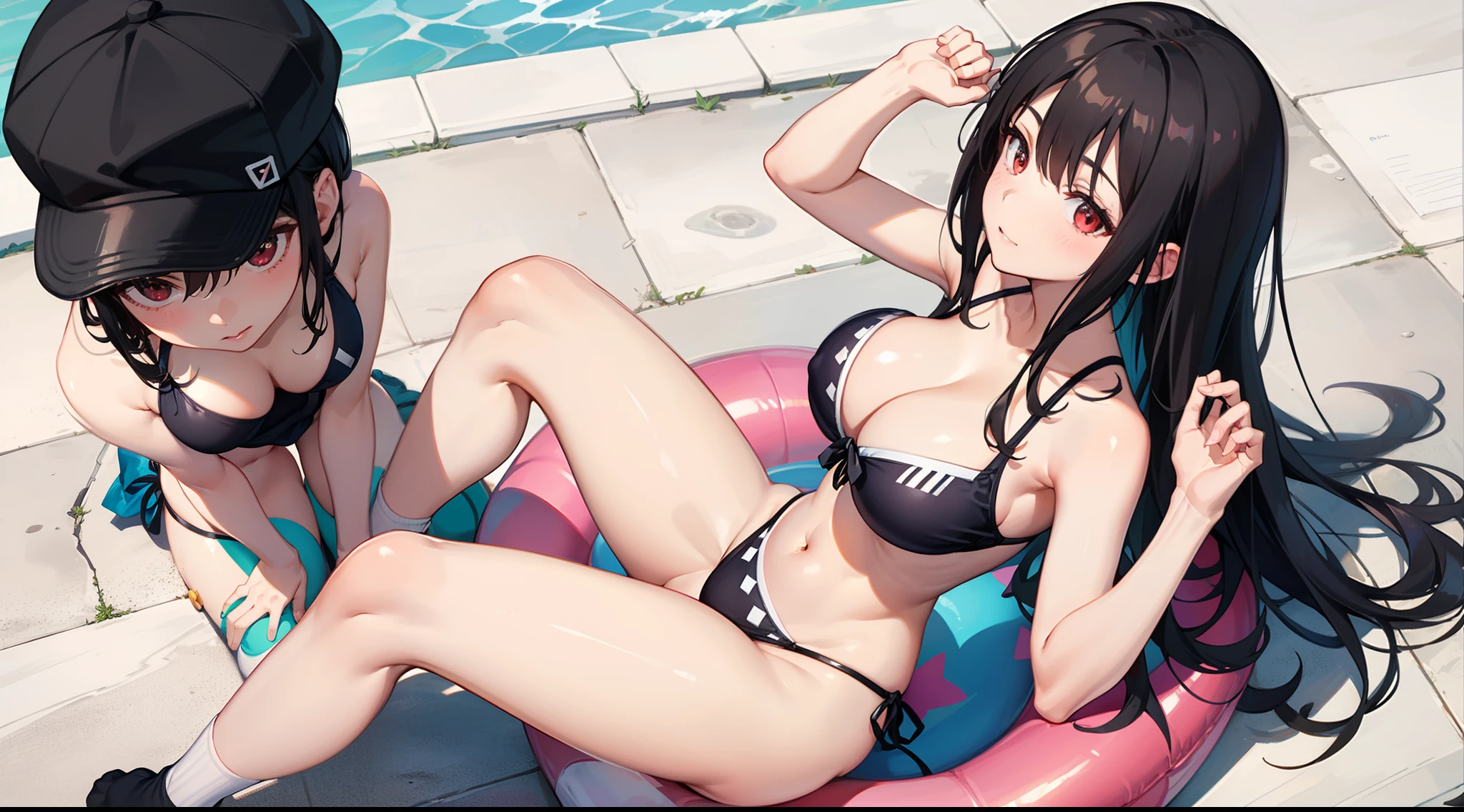 girl white black hair red eyes socks swimsuit two pieces big breasts diagonal pattern stand up