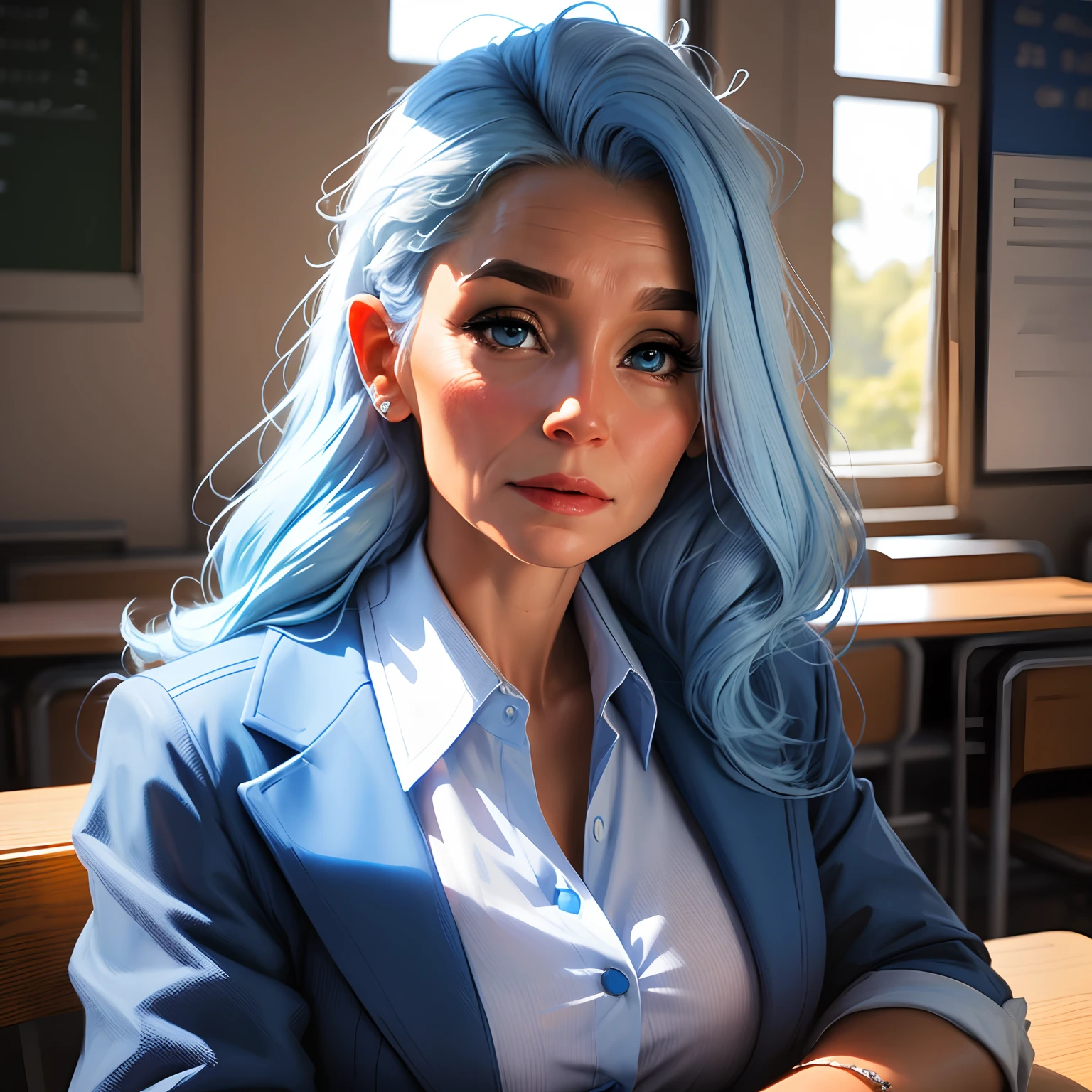 a 50 year old milf with light blue hair , wearing a stylish royal blue school uniform, HD portrait