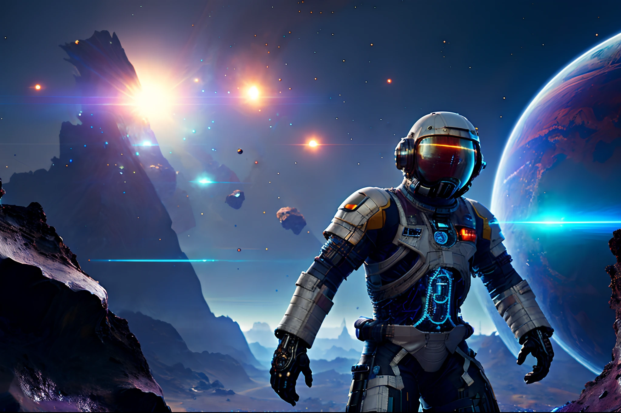 Heavily armed Chinese astronauts fell from the sky,Climb aboard a crystal asteroid,Interstellar,Endless space,ssee-through,depth of fields,((Masterpiece)),(Best quality)),Magnificent space image scene,Beautiful and colorful crystals,surrealism, Super detail, ccurate, Best quality, hyper HD, Masterpiece, Anatomically correct, A high resolution, 16k,(Best quality,4K,8K,A high resolution,Masterpiece:1.2),Ultra-detailed,Realistic,Translucent ethereal mechanical astronaut,futuristic astronaut,Mechanical joints,Futuristic space background,Beautiful sci-fi art, Science-fi digital art illustration, Digital cyberpunk art, science fiction digital painting, futuristic digital painting, futuristic concept art, Interstellar landscape before a sci-fi film, science fiction digital art, Advanced digital cyberpunk art, Fantastic cyberpunk warrior