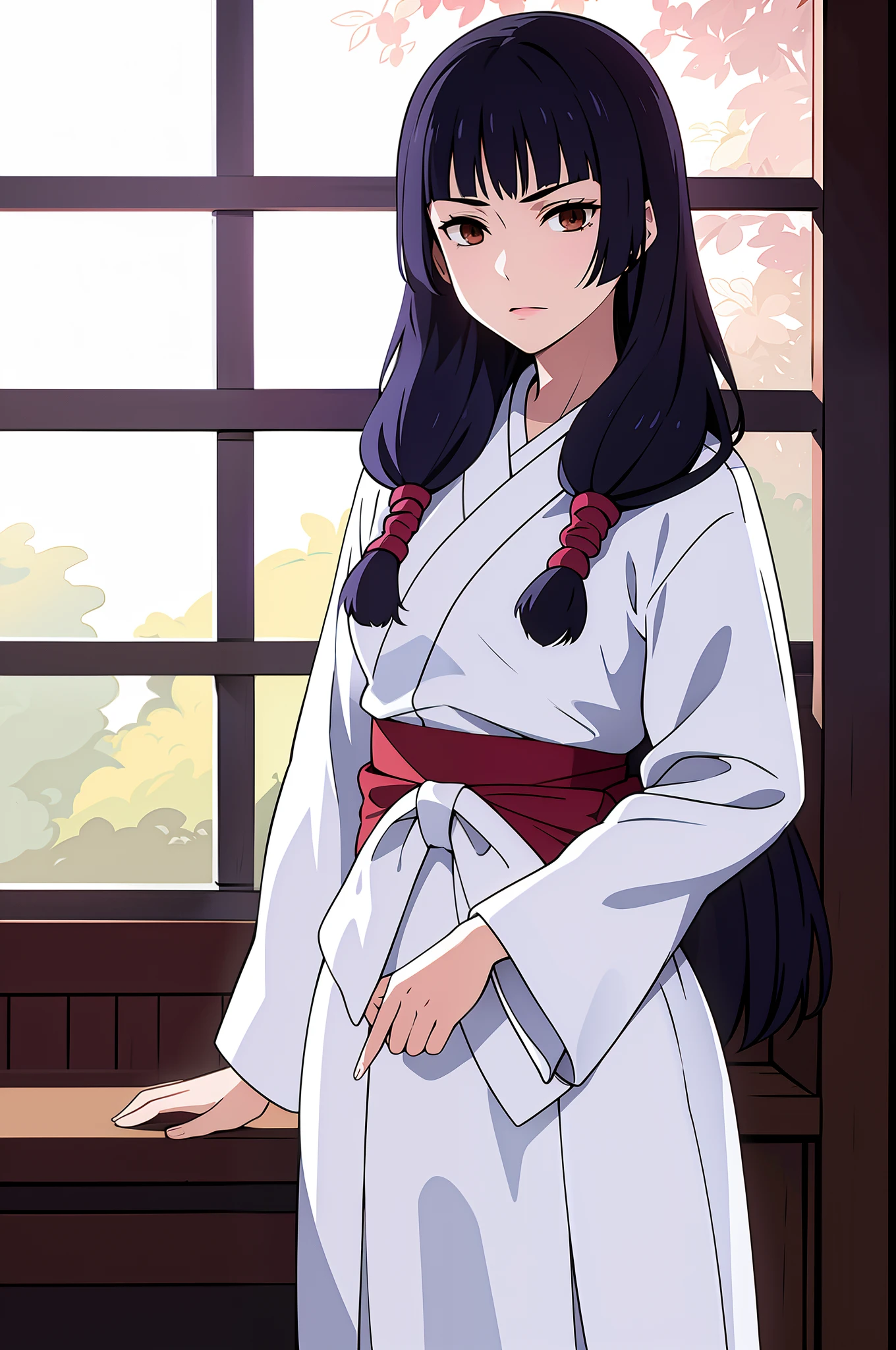 masterpiece, ((ultra detailed background, delicate pattern, intricate detail)), (highly detailed, fine details), best quality, beautiful lighting, ((medium breasts, slim girl)), Utahime, 1girl, solo, black hair, long hair, brown eyes, japanese clothes, twintails, miko, blunt bangs, red hakama, complex detailed background, inside, castle room environment, medieval castle, gray walls, window, bookshelf, (cowboy shot),