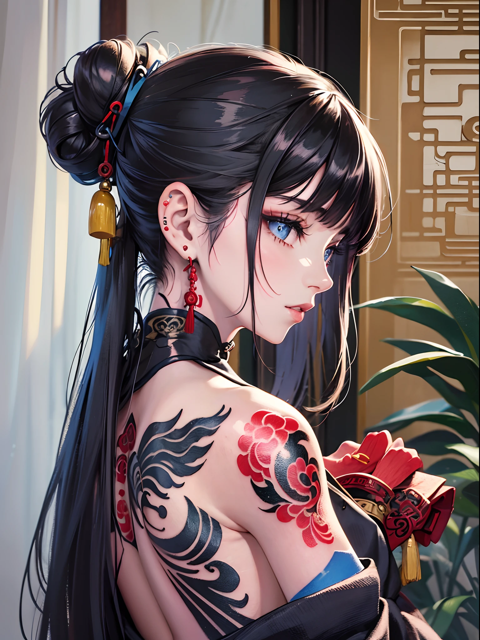 (masterpiece best quality:1.4),1girl, (tattoo of chinese text:1.5), solo, back tattoo, hair flowers, long hair, blue eyes, looking at viewer,back tattoo,tattoo,looking back, from behind, black hair, tassel, bare shoulders, hanfu, chinese clothes,back, bangs, upper body, earrings, indoors, nape, off shoulder, jewelry, eyelashes, lips, back focus, profile, hair bun, sliding doors, piercing, single hair bun,