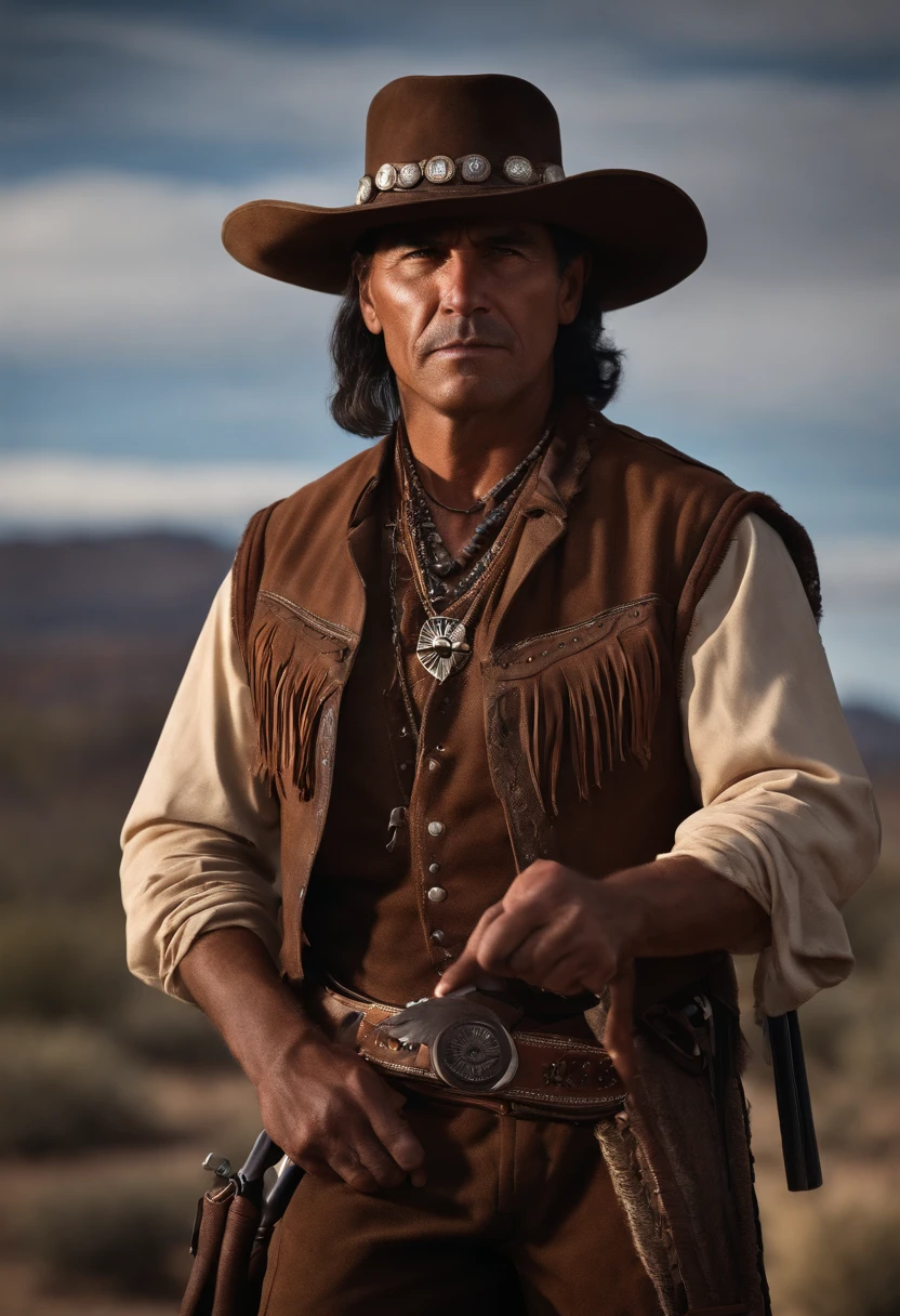 Create a character description of a Native American gunslinger from the Old West with a transparent background. This character is a skilled sharpshooter, known for their deadly accuracy with a six-shooter. They wear traditional Native American clothing, including intricately beaded leather and feathers, which is both a nod to their heritage and practical for their lifestyle as a gunslinger. This character has a mysterious past, rooted in their tribal history, and they've become a lone wanderer in the rugged landscapes of the Wild West, seeking justice and retribution for past wrongs. Describe their appearance, personality, and the unique challenges they face in a time and place where prejudice and danger are constant companions, and ensure that the character image has a transparent background