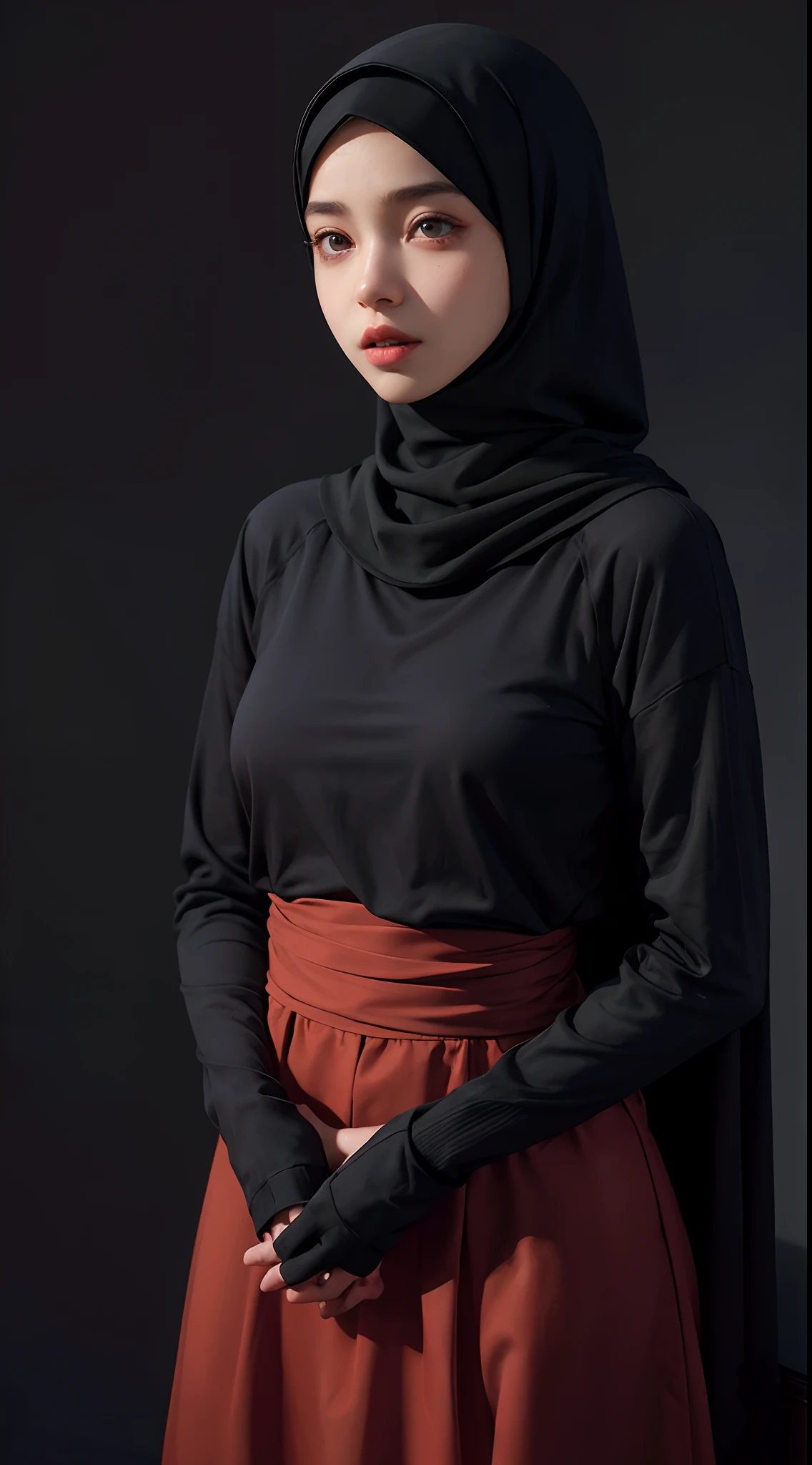 a 20 yo woman,hijab, sweater, dark theme, soothing tones, muted colors, high contrast, (natural skin texture, hyperrealism, soft light, sharp),red background,simple background, ideal body