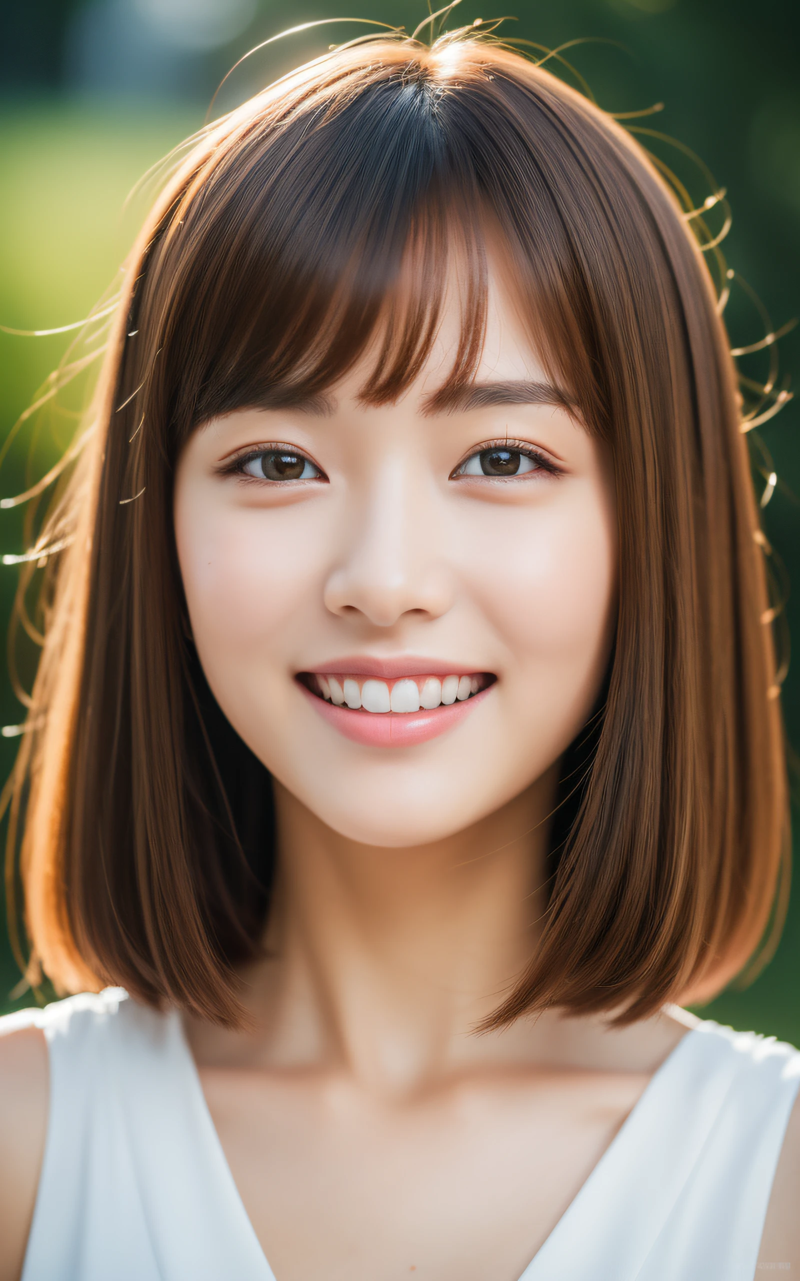 (Masterpiece:1.3), (8k, Photorealistic, RAW Photography, Best Quality: 1.4), soft light, professional lighting, 1girl, very beautiful girl, cute, neat and clean beauty, close mouth, smile, Brown Medium hair, bangs,