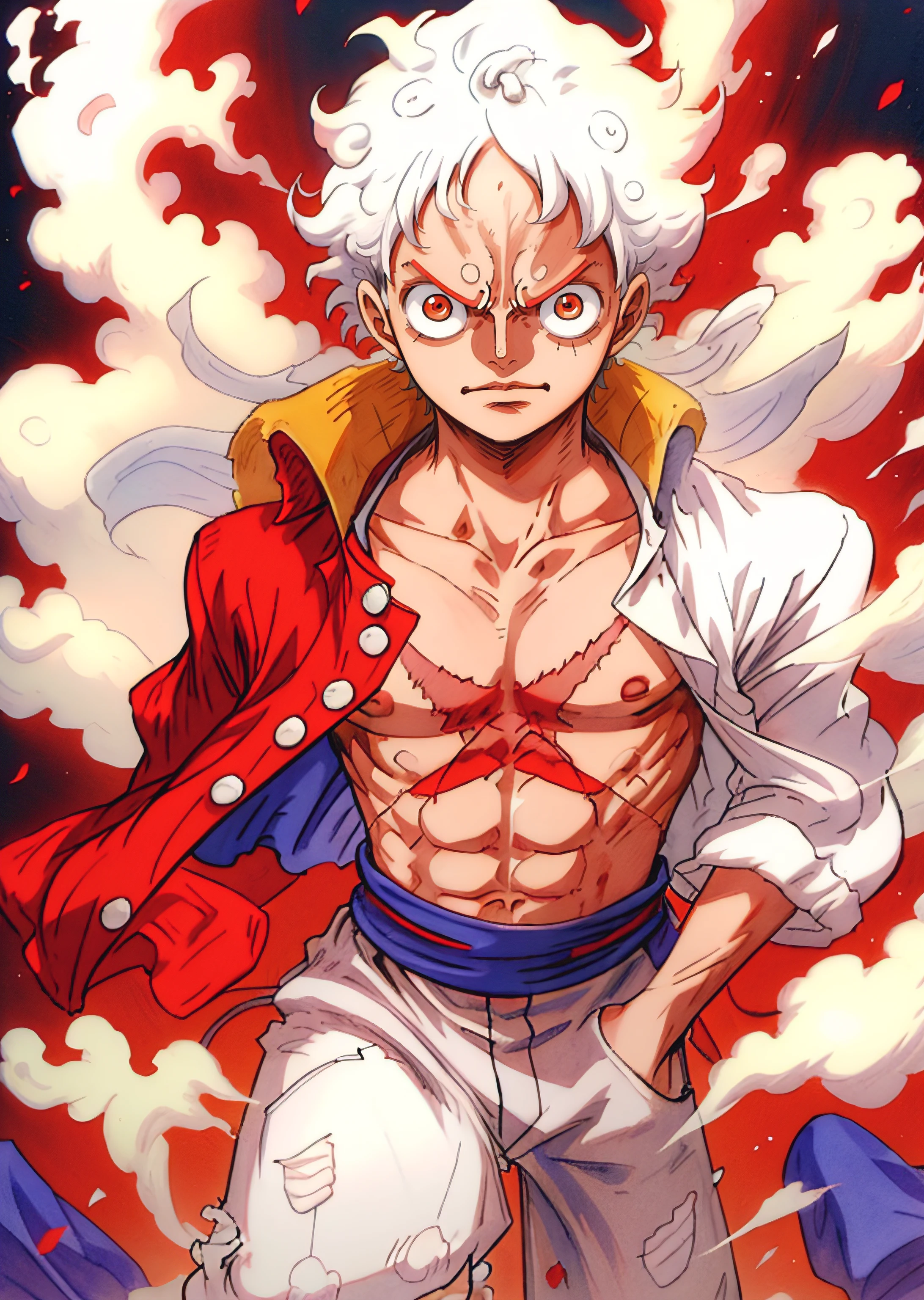 1man, solo, (masterpiece), best quality, ultra-detailed, Monkey D. Luffy from One Piece, gear fifth, white hair, red eyes, Retro style, full body. fashion cloth, jean jacket, fancy.