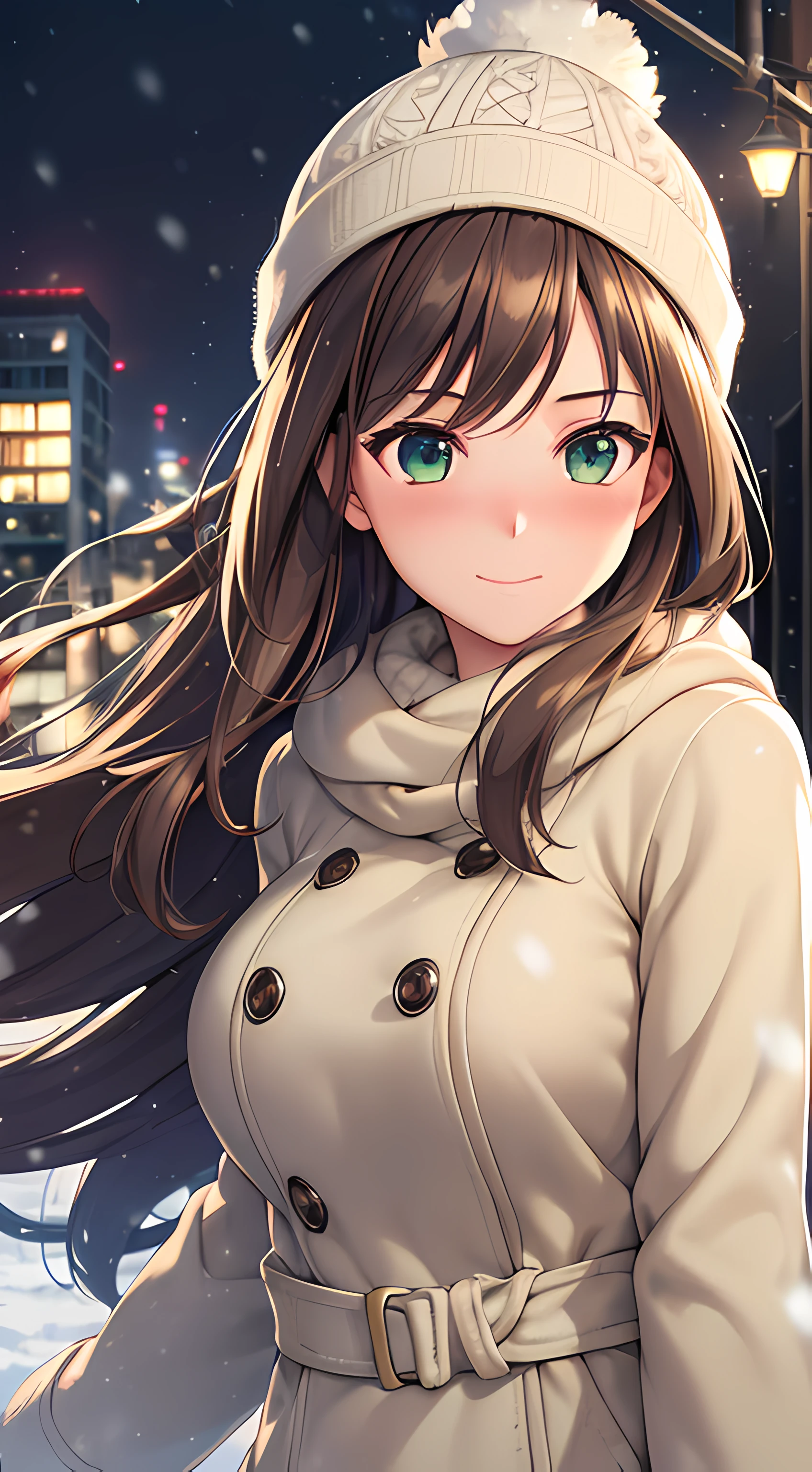 ((masterpiece, best quality, highres, UHD, perfect pixel, depth of field, 4k, RTX, HDR)), 1girl, single, solo, 24 years old, beautiful anime girl, beautiful artstyle, anime character, ((long hair, parted bangs, brown hair)), (green eyes:1.4, rounded eyes, beautiful eyelashes, realistic eyes), (detailed face, blushing:1.2), (smooth texture:0.75, realistic texture:0.65, photorealistic:1.2, cinematic, anime CG style), medium breasts, perfect body, busty, (dynamic angle, pov, close up), ((winter clothes, long coats, knit hat, mittens, gloves, long underwear)), night, city lights, bokeh:1.4, (outdoor, city buildings, crowd), ((winter, snowfall, the wind blows)), sly smile, graceful, prestigious, glorious, elegant