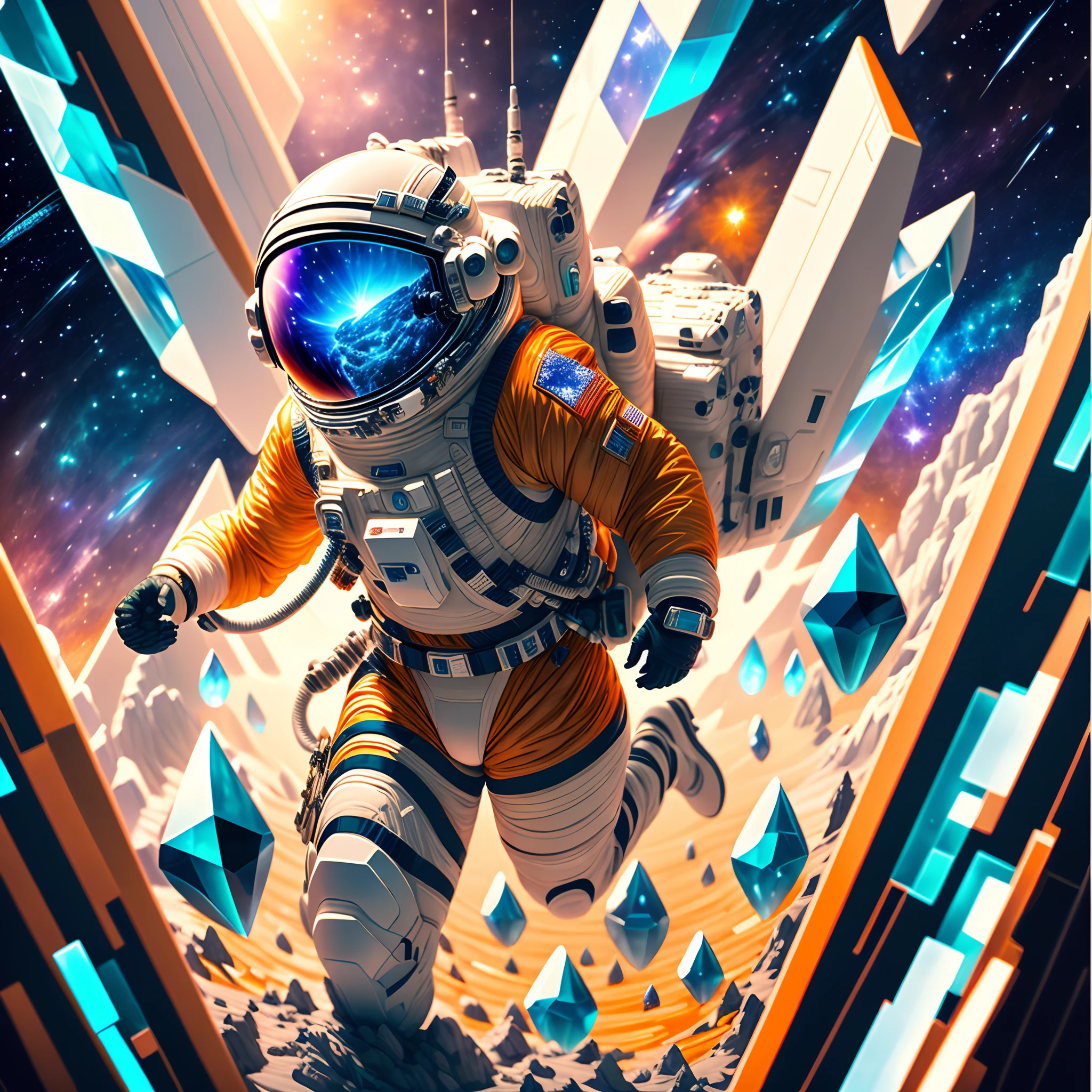 Chinese astronaut fighter,Climb aboard a crystal asteroid,Interstellar,Endless space,A heavily armed warrior fell from the sky,ssee-through,depth of fields,((Masterpiece)),(Best quality)),Magnificent space image scene,Beautiful and colorful crystals,surrealism, Super detail, ccurate, Best quality, hyper HD, Masterpiece, Anatomically correct, A high resolution, 16k
