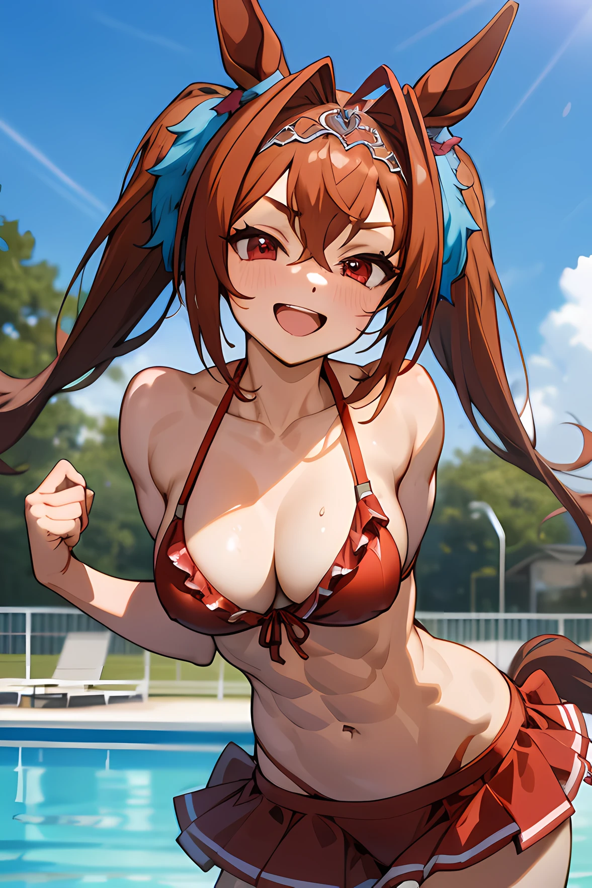 Daiwa Scarlet \(umamusume\), ((abs)), ((muscular body)),brown hair, hair intake, red eyes, long smooth pigtails, (bikini), horse tail, (ultra-detailed), big tits, masterpiece,best quality, detailed eyes, official art, smile, pool, open mouth, frontage