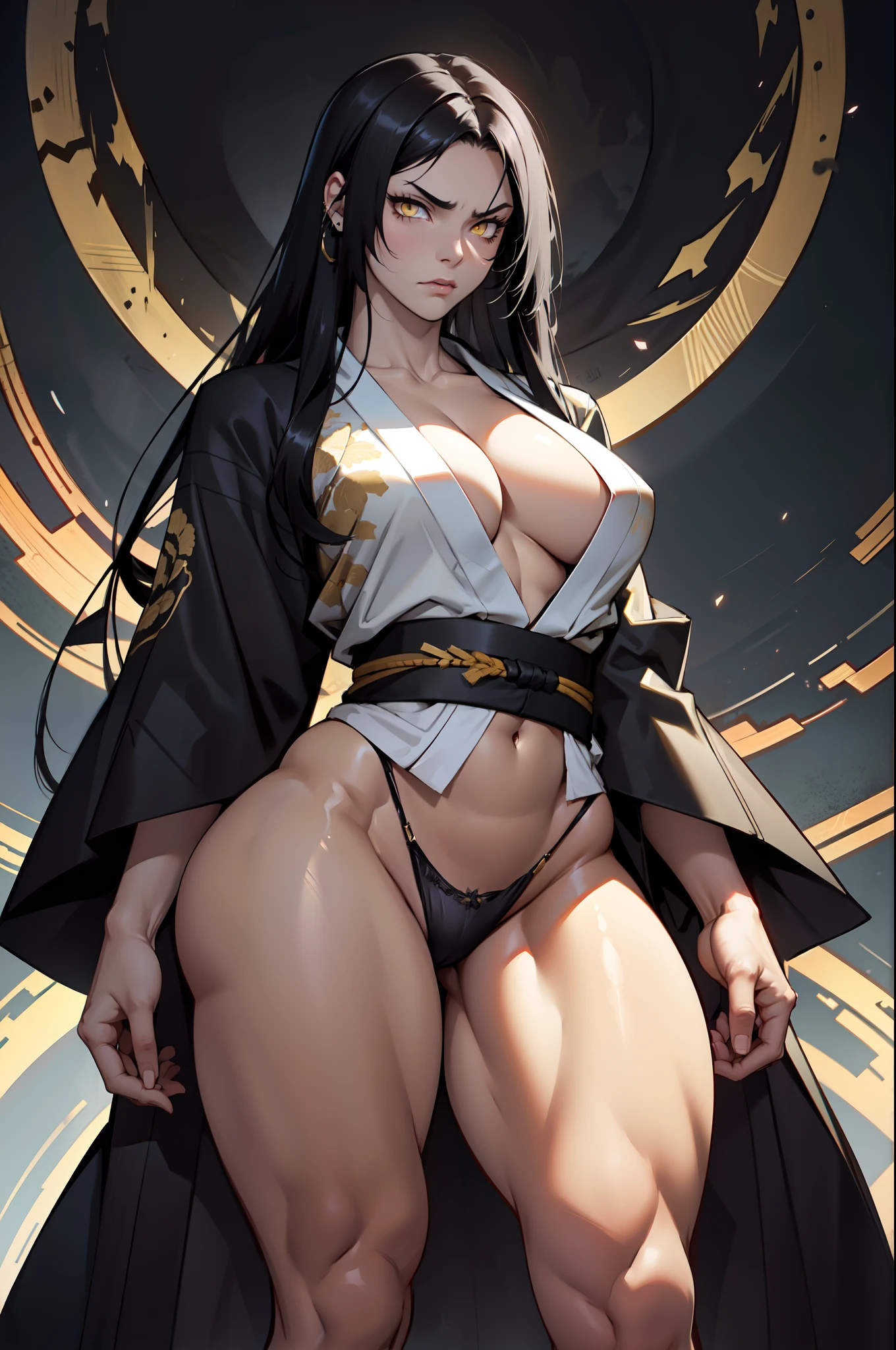 1girl black hair yellow eyes very long hair pale skin angry bodybuilder huge breasts muscular toned body curvy wide hips thick thighs (((kimono))) dark atmosphere