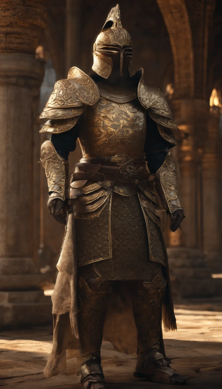 guerreiro, Conceito-Arte, autor:Kishiganku, arte de fantasia, Fundo do templo zen, clean render, um chifre, Use um conjunto de armadura, detailed bushido form smoke, capacete de uma divindade esquecida, character is standing, 8k realista, in game render, detalhe detalhado do fundo do rosto, Art Station home page, touro, Fantasia pseudo-medieval, Uma divindade vestindo armadura koi, armadura de bronze detalhada, Armadura de Bronze, armadura gravada dourada, Armadura Obsidiana de Ouro, armadura de ouro claro, Linda armadura de filigrana, A demonic warrior, Linda armadura cheia de espinhos, intrincada armadura assasin, armadura de metal intrincada, guerreiro poderoso, Vestido com uma linda armadura dourada,Decorated with intricate patterns, O capacete tem uma grande coroa e dois chifres, Everything is in the dark, The smoky background alludes to battle scenes, Adicione uma aura sinistra ao seu personagem,Huge demonic wings of demons,submission, tiro de corpo inteiro.