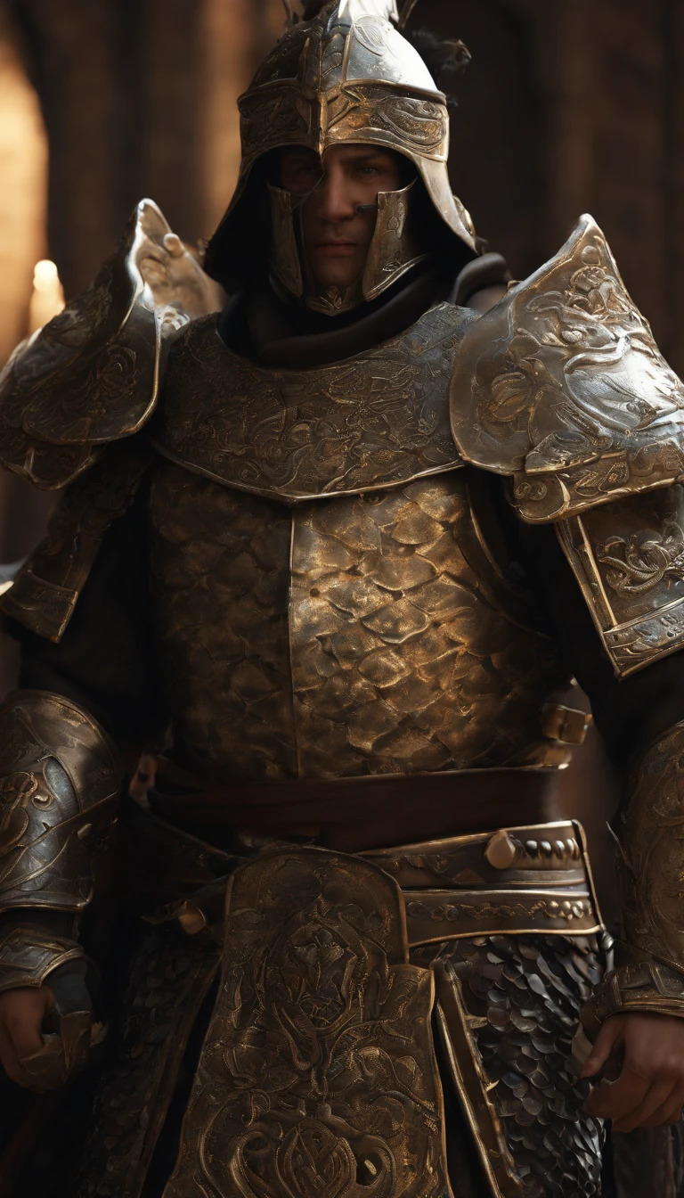 guerreiro, Conceito-Arte, autor：Kishiganku, arte de fantasia, Fundo do templo zen, clean render, um chifre, Use um conjunto de armadura, detailed bushido form smoke, capacete de uma divindade esquecida, character is standing, 8k realista, in game render, detalhe detalhado do fundo do rosto, Art Station home page, touro, Fantasia pseudo-medieval, Uma divindade vestindo armadura koi, armadura de bronze detalhada, Armadura de Bronze, armadura gravada dourada, Armadura Obsidiana de Ouro, armadura de ouro claro, Linda armadura de filigrana, A demonic warrior, Linda armadura cheia de espinhos, intrincada armadura assasin, armadura de metal intrincada, guerreiro poderoso, Vestido com uma linda armadura dourada，Decorated with intricate patterns, O capacete tem uma grande coroa e dois chifres, Everything is in the dark, The smoky background alludes to battle scenes, Adicione uma aura sinistra ao seu personagem，Huge demonic wings of demons，submission, tiro de corpo inteiro.