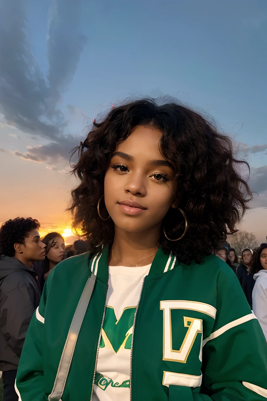 beautiful black girl with curly hair, wearing a green varsity jacket, at a bonfire with all her friends, at sunset