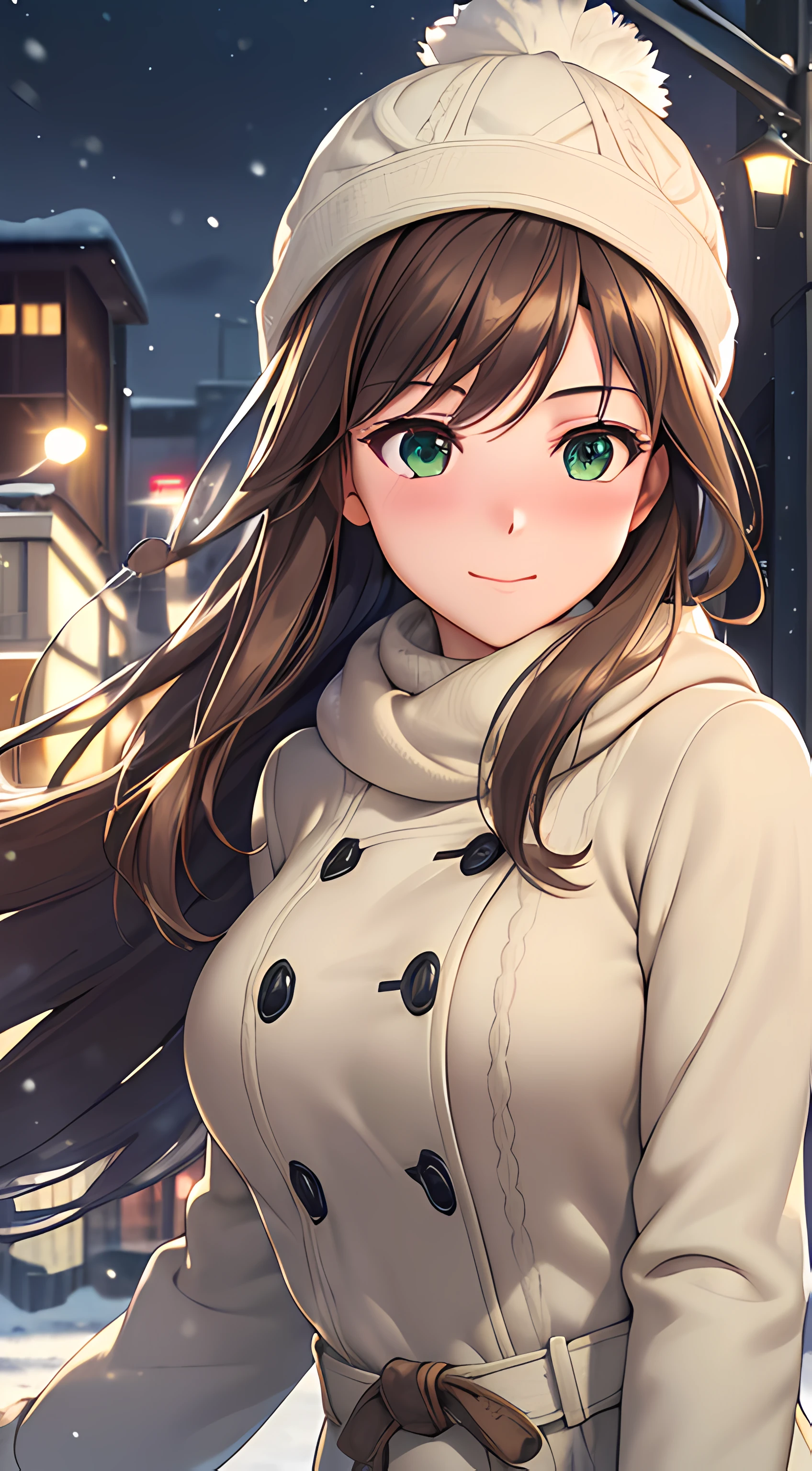((masterpiece, best quality, highres, UHD, perfect pixel, depth of field, 4k, RTX, HDR)), 1girl, single, solo, 24 years old, beautiful anime girl, beautiful artstyle, anime character, ((long hair, parted bangs, brown hair)), (green eyes:1.4, rounded eyes, beautiful eyelashes, realistic eyes), (detailed face, blushing:1.2), (smooth texture:0.75, realistic texture:0.65, photorealistic:1.2, cinematic, anime CG style), medium breasts, perfect body, busty, (dynamic angle, pov, close up), ((winter clothes, long coats, knit hat, mittens, gloves, long underwear)), night, city lights, bokeh:1.4, (outdoor, city buildings, crowd), ((winter, snowfall, the wind blows)), sly smile, graceful, prestigious, glorious, elegant