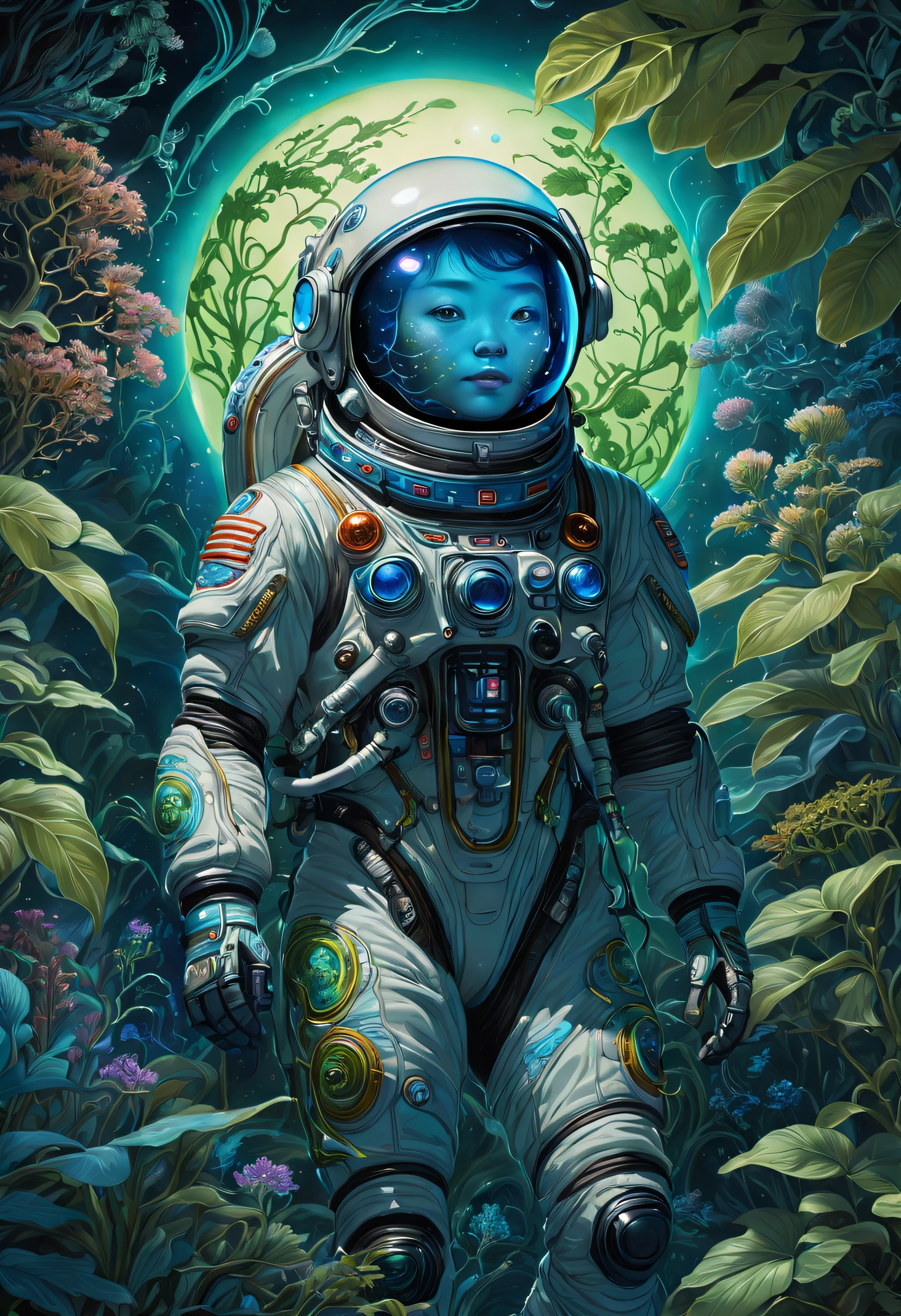 Fascinating images of Chinese astronauts encountering extraterrestrial life forms, Illuminated by bioluminescent plants, Extremely detailed, Ultra photo realsisim, 10k high resolution, Gouache style, scribble art, Glass-blown, Influenced by Art Nouveau, dadaist, and futurism, Art author:Moon encryption wow