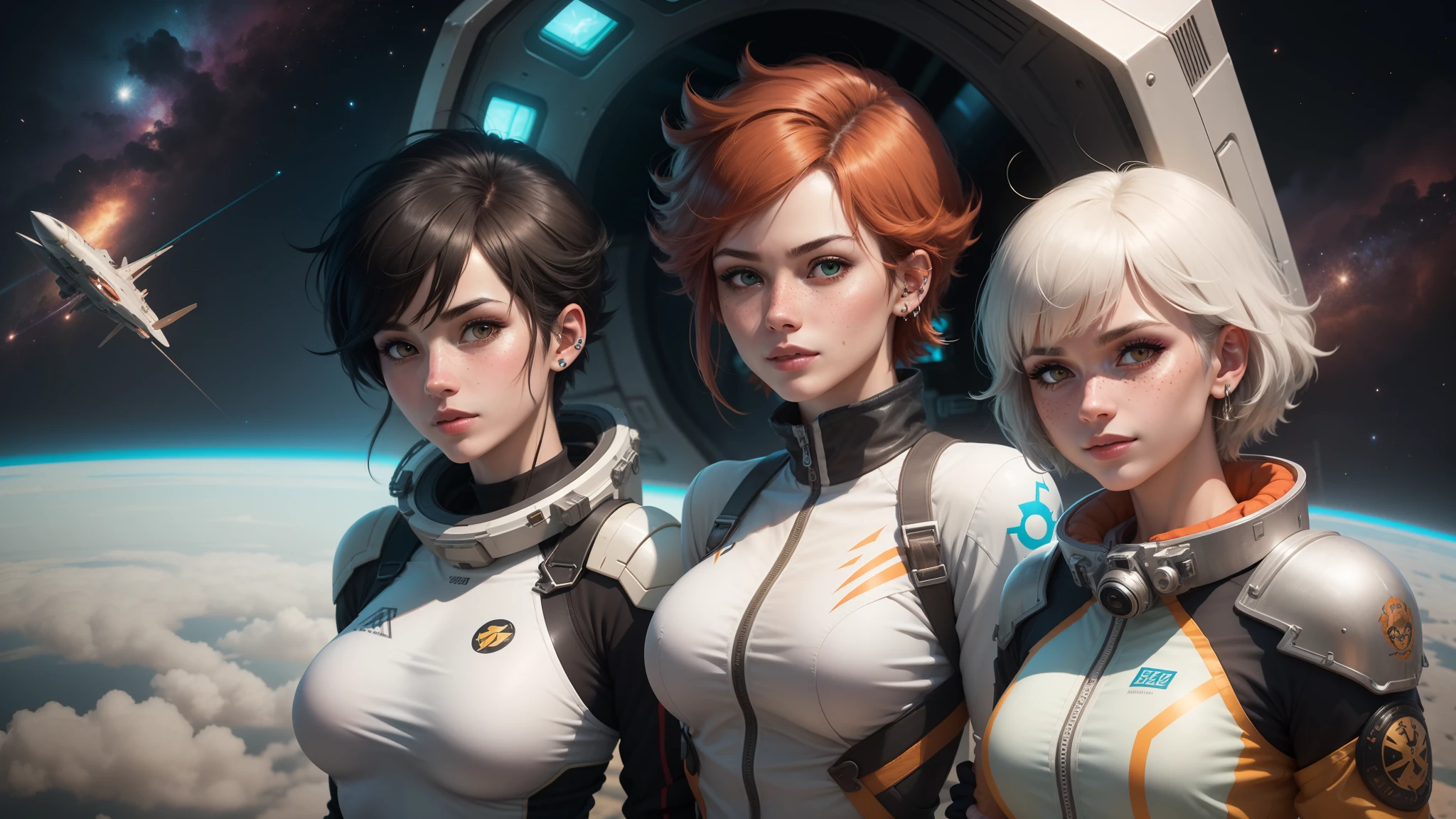 gwen tennyson,ryuuko matoi,y'shtola rhul,tracer,atelier ryza,overwatch,close up,mecha pilot,space port,tattoos,orange and silver plugsuit,white short sleeve lycra top,steel cargo pants,uncovered belly,short hair,cute makeup,green eyes,dimensional golden hair,shy smile,freckles,beautiful girl,large breasts,8k,ultra detailed,realistic,fantasy art,saiyan armor,cyborg armor,steel armor,space ship,pilot uniform,ear piercings,hair pin,super saiyan girl,saiyan female,pilot jacket,