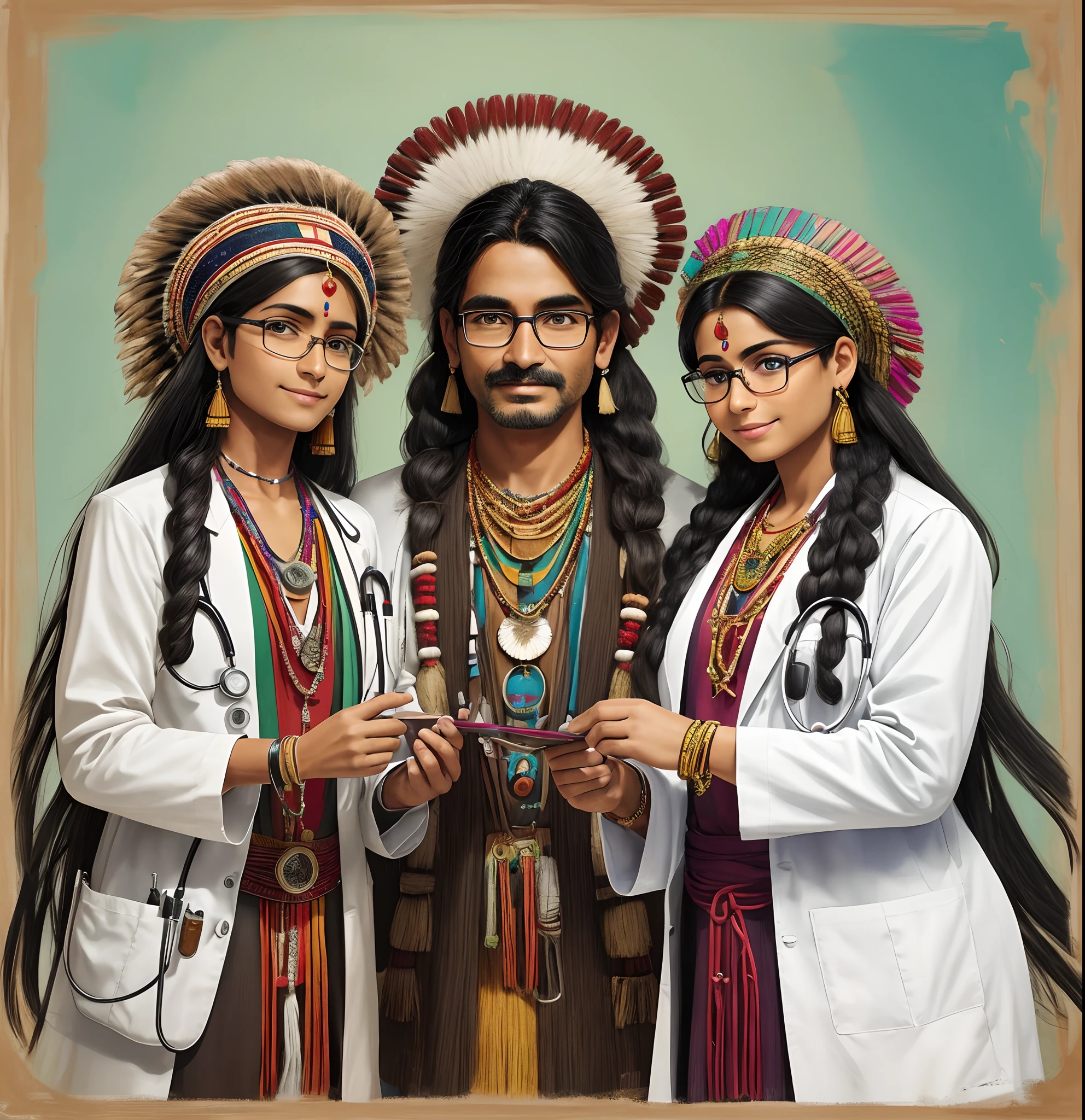 Beautiful realistic image of three indigenous students, all wearing cocá and indigenous necklaces, each student represents different professional backgrounds, all three wear cocá, indigenous necklaces, with indigenous paintings on their faces. The first is an Indian doctor, dressed in a white coat and a stethoscope hanging around his neck, wearing an indigenous necklace and bracelets, holding a medical record, a confident smile on his face. The second is an Indian lawyer, wearing a black coat and holding a bundle of legal documents, with a beautiful cocá on his head, with indigenous paint on his face. He is standing, with a serious and confident expression. The third is an Indian teacher, wearing casual clothes, with glasses on his face, holding textbooks, showing interest and attention to detail, realistic rendering, unrealistic engine, octant rendering, on a white background. negative prompt: perfect hands, more doubles. --auto --s2