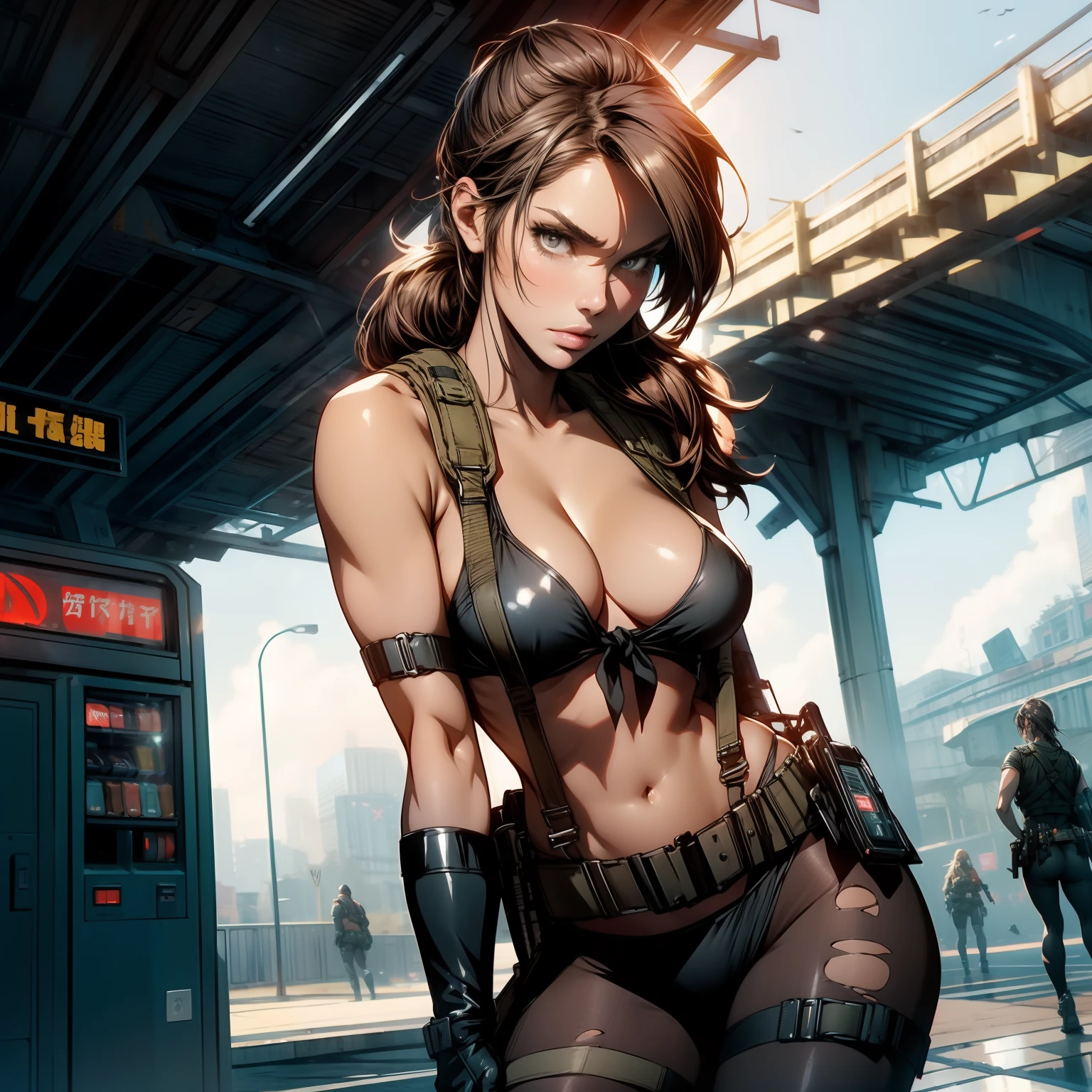 (masterpiece, best quality:1.2), quiet (metal gear), 1girl, pantyhose, torn pantyhose, solo, torn clothes, suspenders, front-tie top, front-tie bikini top, bikini, brown hair, swimsuit, breasts, ponytail, gloves, holster, asymmetrical gloves, cleavage, thigh holster, mismatched gloves, large breasts, single elbow glove, navel, elbow gloves, long hair, lips, highleg, highleg bikini, black bikini, vending machine, outdoors, wide shot, train station, building, sky, breath, day, scenery, detailed face, perfect face, detailed eyes