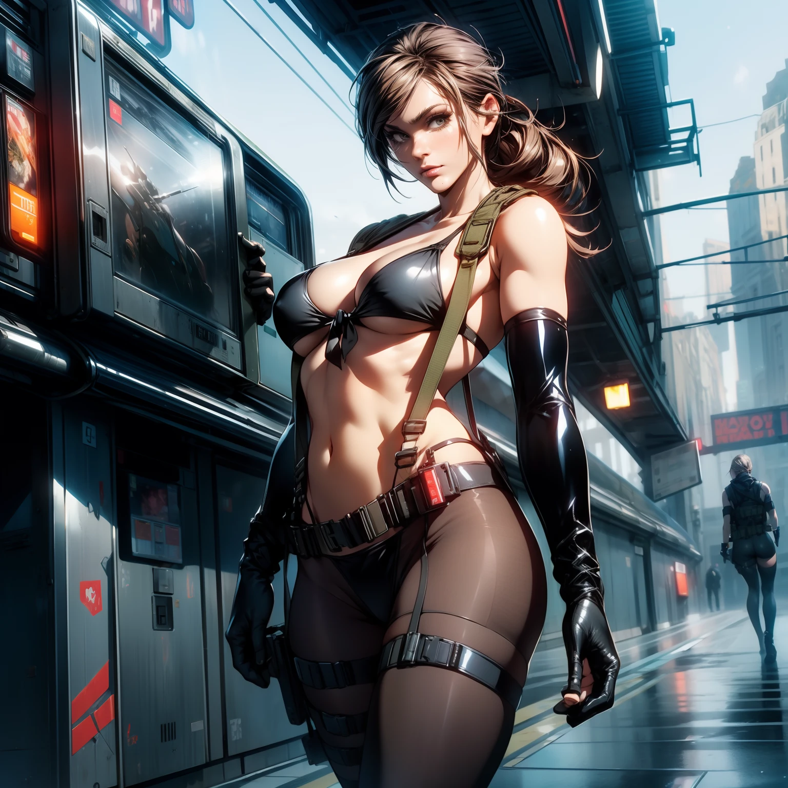 (masterpiece, best quality:1.2), quiet (metal gear), 1girl, pantyhose, torn pantyhose, solo, torn clothes, suspenders, front-tie top, front-tie bikini top, bikini, brown hair, swimsuit, breasts, ponytail, gloves, holster, asymmetrical gloves, cleavage, thigh holster, mismatched gloves, large breasts, single elbow glove, navel, elbow gloves, long hair, lips, highleg, highleg bikini, black bikini, vending machine, outdoors, wide shot, train station, building, sky, breath, day, scenery, detailed face, perfect face, detailed eyes