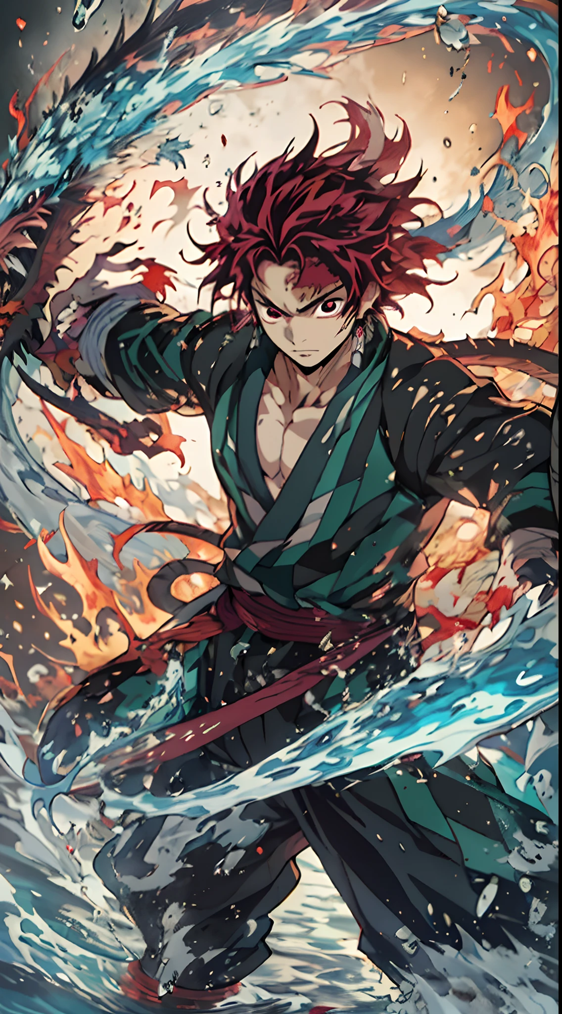 Generate a masterpiece featuring a solo anime character with a sword Kamado Tanjirou in action , swinging sword, fire and water combined swirling around his body, water and fire dragon behind, extra eye detailed, extra hair detailed, extra outfit detailed, high resolution wallpaper, feature his water and sun breathing combined ability, full high quality anime art