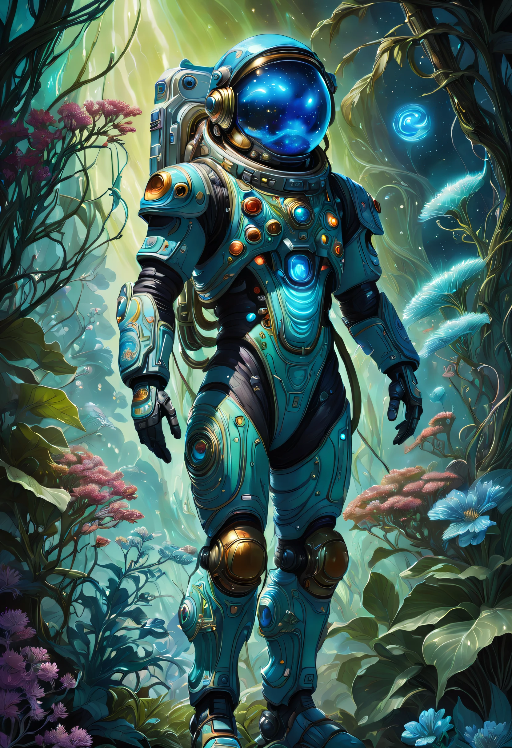 Fascinating images of Chinese astronauts encountering extraterrestrial life forms, Illuminated by bioluminescent plants, Extremely detailed, Ultra photo realsisim, 10k high resolution, Gouache style, scribble art, Glass-blown, Influenced by Art Nouveau, dadaist, and futurism, Art author：Moon encryption wow,