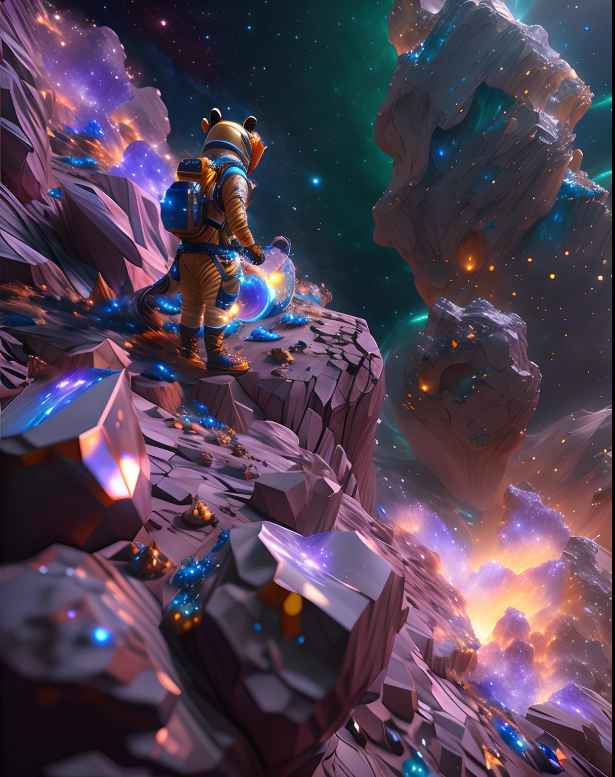 Atronott and Lightswold, climbing the asteroid, character render, ultra high quality model, Ethereal background, Abstract beauty, explosive volumetric, Oil painting, Heavy strokes, Paint dripping HDR (HighDynamicRange) ,Ray tracing, NVIDIA RTX, Hyper-Resolution, Unreal 5, Subsurface scattering, PBR Texture