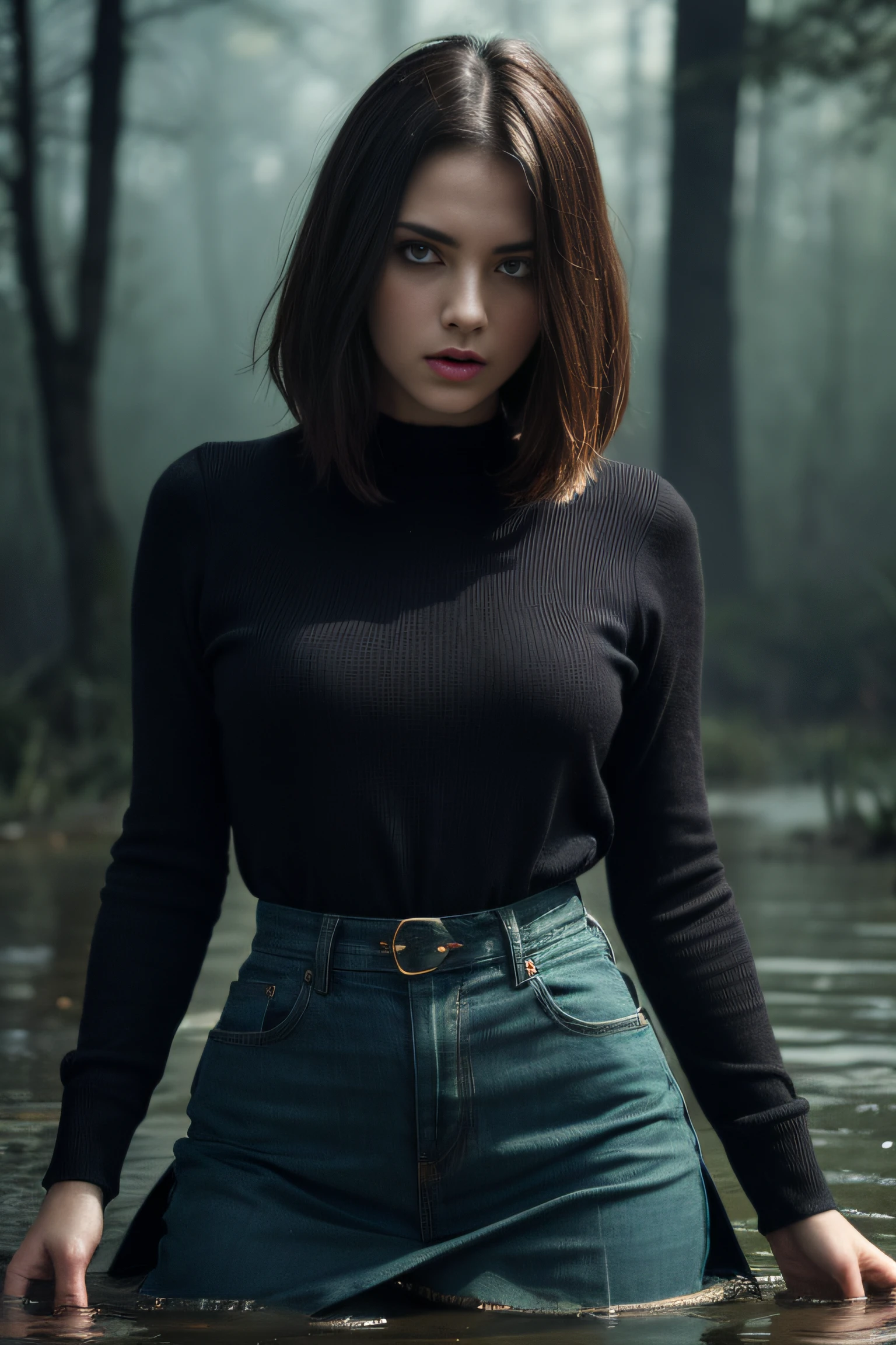 In a gloomy setting, a woman with expressive wrinkles and short hair drowns, her eyes and face rendered in exquisite detail. She wears a distressed turtleneck, a denim skirt, and stockings. The atmosphere suggests her depraved state of mind as she finds herself drowning in a bog, which is emphasized with a scale of 1.2 for a more intense effect. Her expression displays overwhelming despair, while an impression of imminent doom hangs in the air. The artwork should have the best quality, be ultra-detailed and realistic with high resolution, resembling a masterpiece. Using studio lighting, the piece should showcase vivid colors that enhance the tone and mood. The lighting should be carefully crafted to highlight the woman's facial features and augment the overall impact of the scene.