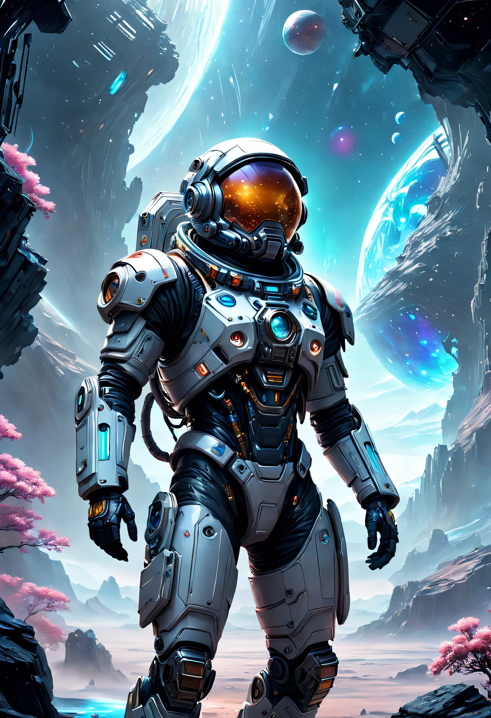 Heavily armed Chinese astronauts fell from the sky,Climb aboard a crystal asteroid,Interstellar,Endless space,ssee-through,depth of fields,((Masterpiece)),(Best quality)),Magnificent space image scene,Beautiful and colorful crystals,surrealism, Super detail, ccurate, Best quality, hyper HD, Masterpiece, Anatomically correct, A high resolution, 16k,(Best quality,4K,8K,A high resolution,Masterpiece:1.2),Ultra-detailed,Realistic,Translucent ethereal mechanical astronaut,futuristic astronaut,Mechanical joints,Futuristic space background,Beautiful sci-fi art, Science-fi digital art illustration, Digital cyberpunk art, science fiction digital painting, futuristic digital painting, futuristic concept art, Interstellar landscape before a sci-fi film, science fiction digital art, Advanced digital cyberpunk art, Fantastic cyberpunk warrior