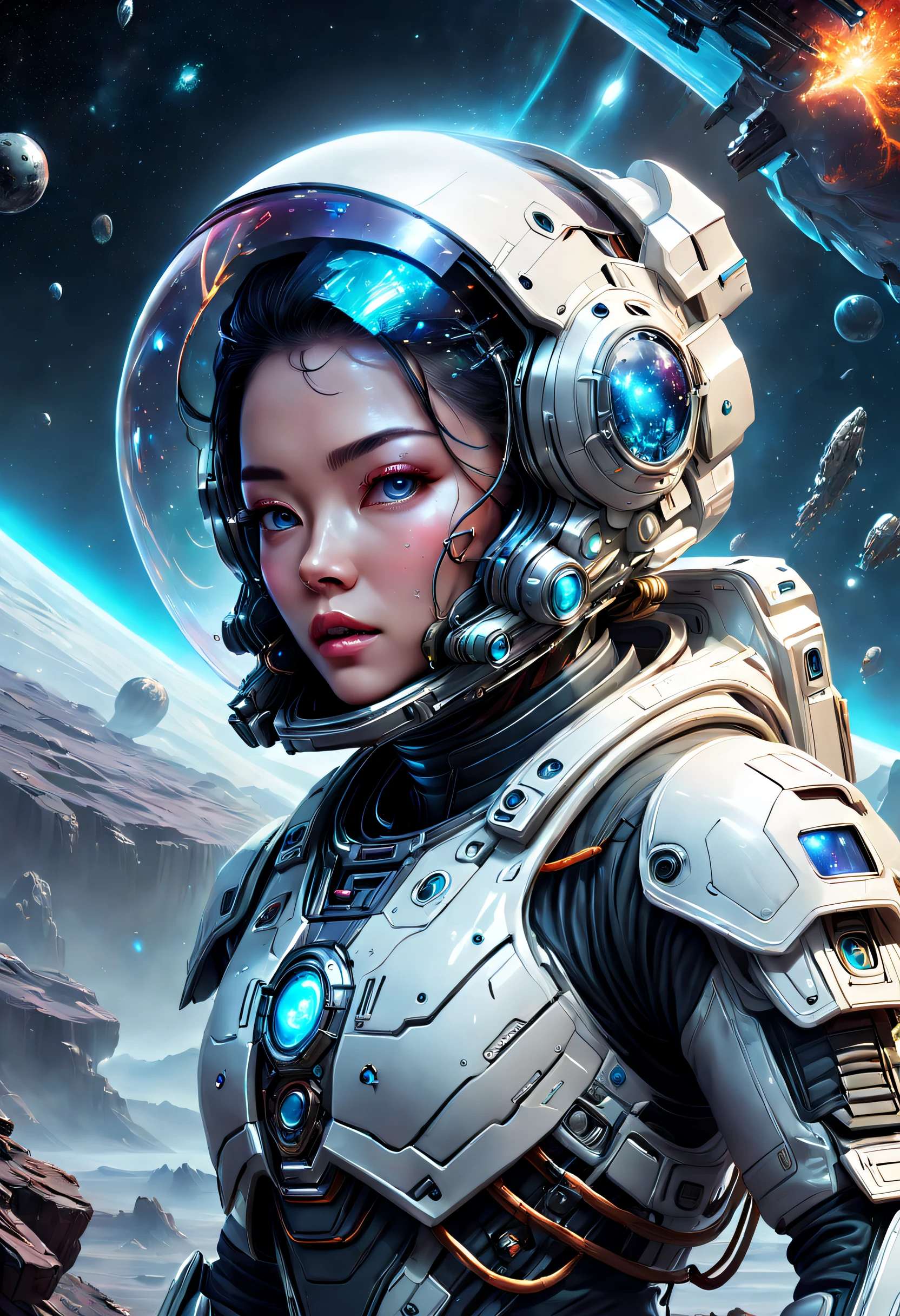 octane Render, volumetric lightning, best quality, high quality shadows, Ambient Occlusion,Depth of Field, Distant Object Detail,God rays Quality,Screen Space Reflections, ssr,((Wetness)),Anisotropic Filtering,
background milky way or earth planet, wide angle, space helmet, detailed face, [young girl face:barbie face:0.75],