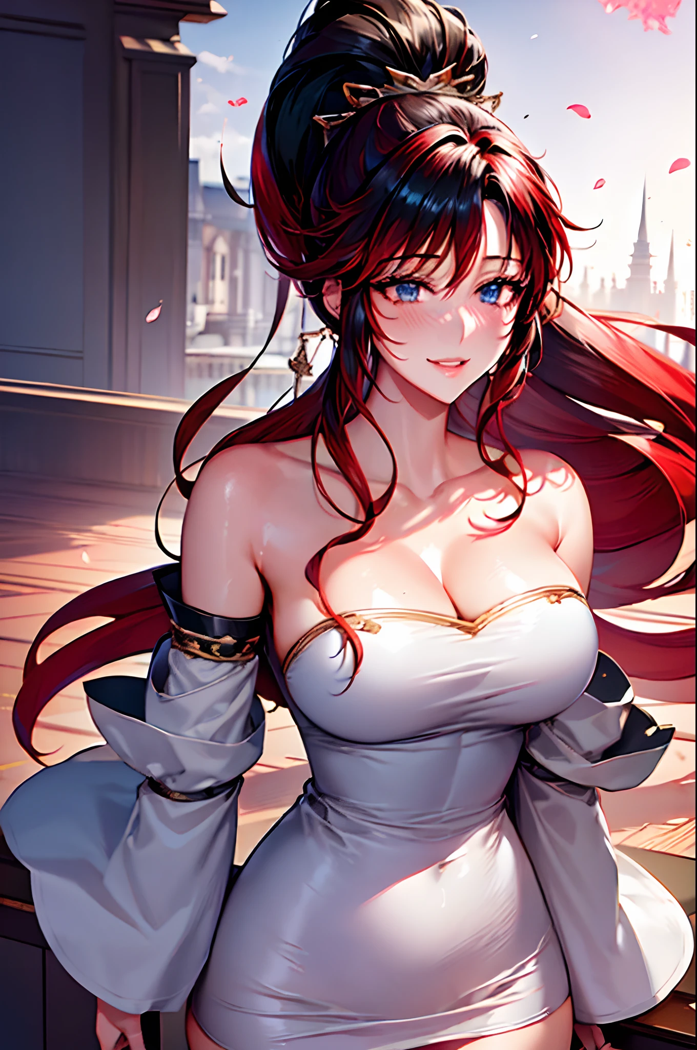 (shoujo-style), (romance manhwa), NANBU_KAGUYA,TWO-TONE HAIR,RED HAIR,BLACK HAIR, PONYTAIL, WHITE DRESS, WHITE THIGHHIGHS, WIDE SLEEVES, SLEEVELESS, 1girl, solo, upper body, facing viewer, looking at viewer, smile, cleavage, masterpiece, best quality, highres,