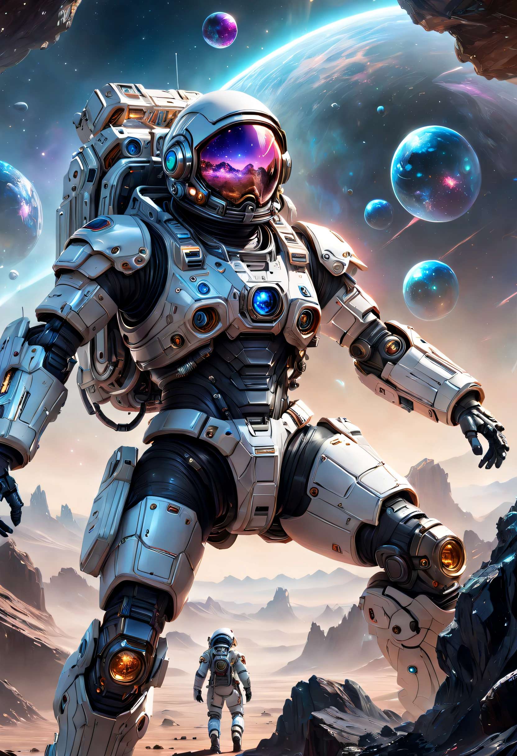 Heavily armed Chinese astronauts fell from the sky，Climb aboard a crystal asteroid，Interstellar，Endless space，ssee-through，depth of fields，((Masterpiece))，(Best quality))，Magnificent space image scene，Beautiful and colorful crystals，surrealism, Super detail, ccurate, Best quality, hyper HD, Masterpiece, Anatomically correct, A high resolution, 16k，(Best quality,4K,8K,A high resolution,Masterpiece:1.2),Ultra-detailed,Realistic,Translucent ethereal mechanical astronaut，Futuristic astronauts，Mechanical joints，Futuristic space background，Beautiful sci-fi art, Science-fi digital art illustration, Digital cyberpunk art, science fiction digital painting, futuristic digital painting, futuristic concept art, Before the sci-fi interstellar crossing landscape, science fiction digital art, Advanced digital cyberpunk art, Fantastic cyberpunk warrior
