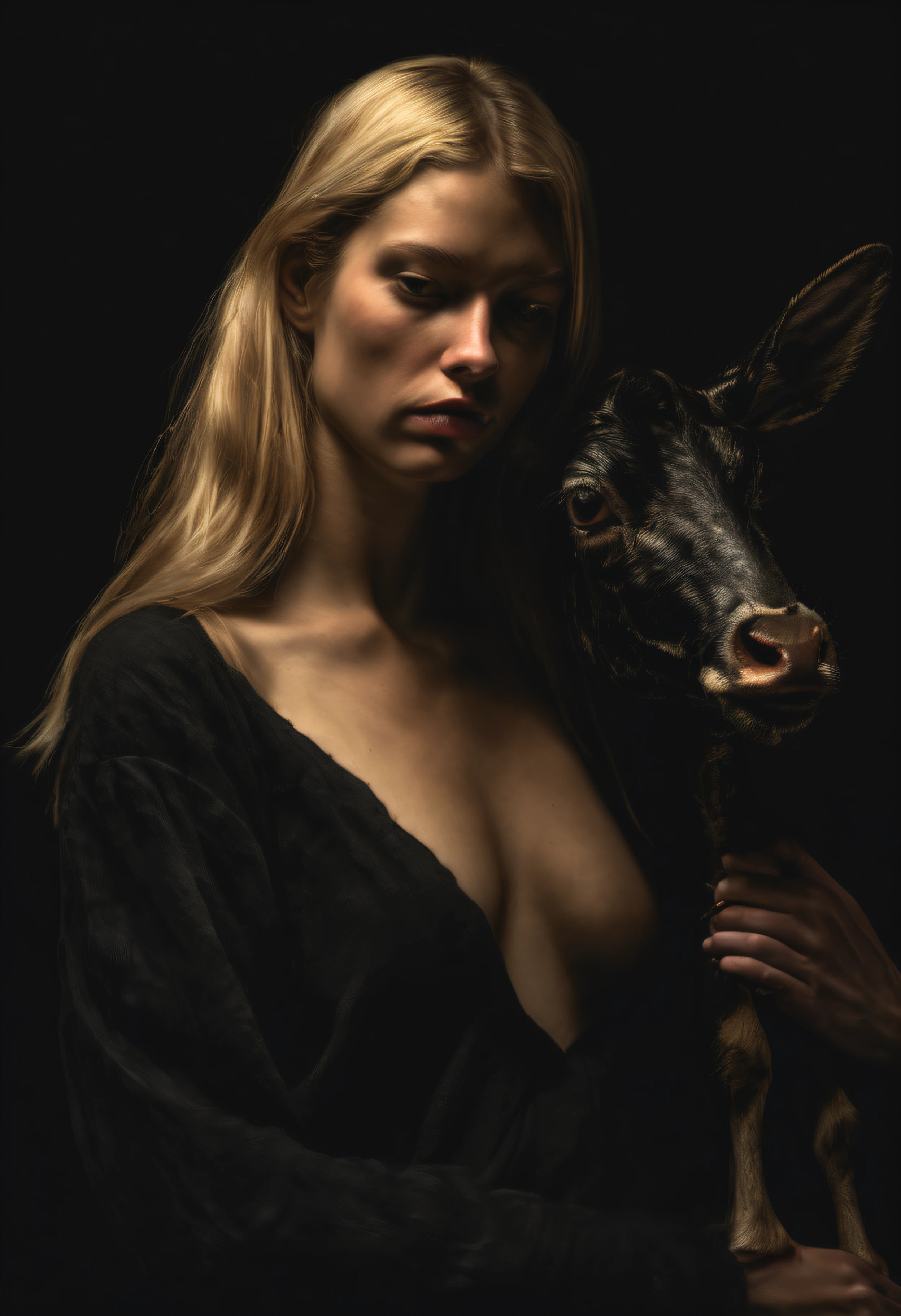 "(The best lighting, alto contraste, oscuro, dramatic),(Chica rubia junto a una cabra negra gigante, Open the rib cage, feto, autopsia, huesos humanos, sangre por las paredes). Luz Caravaggio"