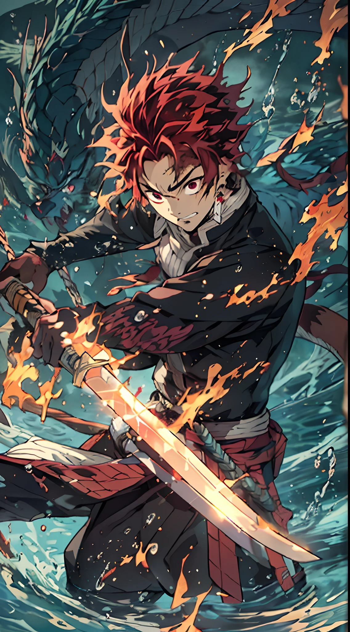 Generate a masterpiece featuring a solo anime character with a sword Kamado Tanjirou in action , swinging sword, fire and water combined swirling around his body, water and fire dragon behind, extra eye detailed, extra hair detailed, extra outfit detailed, high resolution wallpaper, feature his water and sun breathing combined ability, full high quality anime art