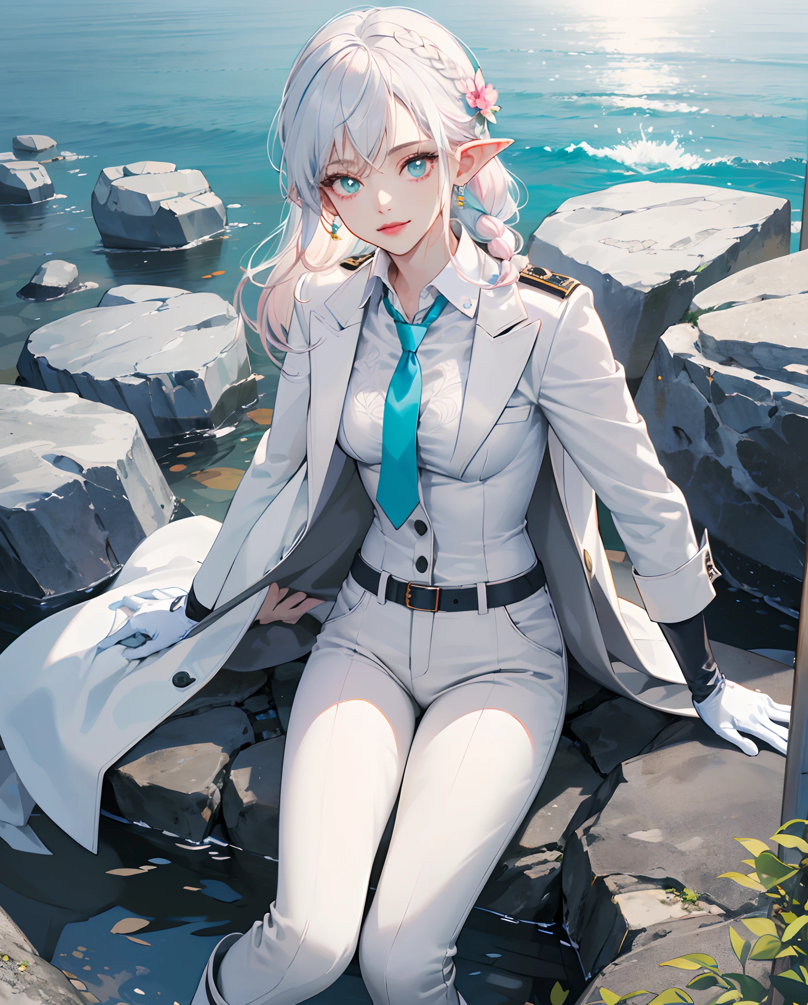 One Piece,Masterpiece, ((Ultra detailed backgrounds, Delicate pattern, intricately details)), (Highly detailed, Fine details), Best quality, Beautiful lighting, (((Medium breasts, Slim girl, Very slim girl)Petite girl)), With a Cecilia flower on his head, Elf Ear 1 girl, Solo, , White hair,Karen Kaslana ((Slim girl, Medium breasts,)), Pink lips, (white color hair,Long twisted braids,fluffly,cyan eyes,white suit jacket,white shirt,cyan necktie,Suit pants,Long boots,black glove), Navy Bow,ssmile,adolable,complex detailed background, barren land, Rocks, Ocean, setting in nature,