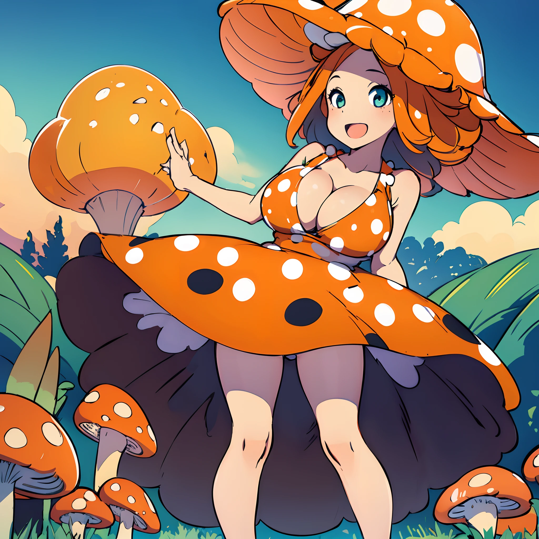 (masterpiece), best quality, expressive eyes, perfect face, 1girl, solo, expressive eyes, orange mushroom hat, white polka dot, huge breasts, cleavage, yellow sleeveless dress light smile, grass, open mouth, standing, day sky