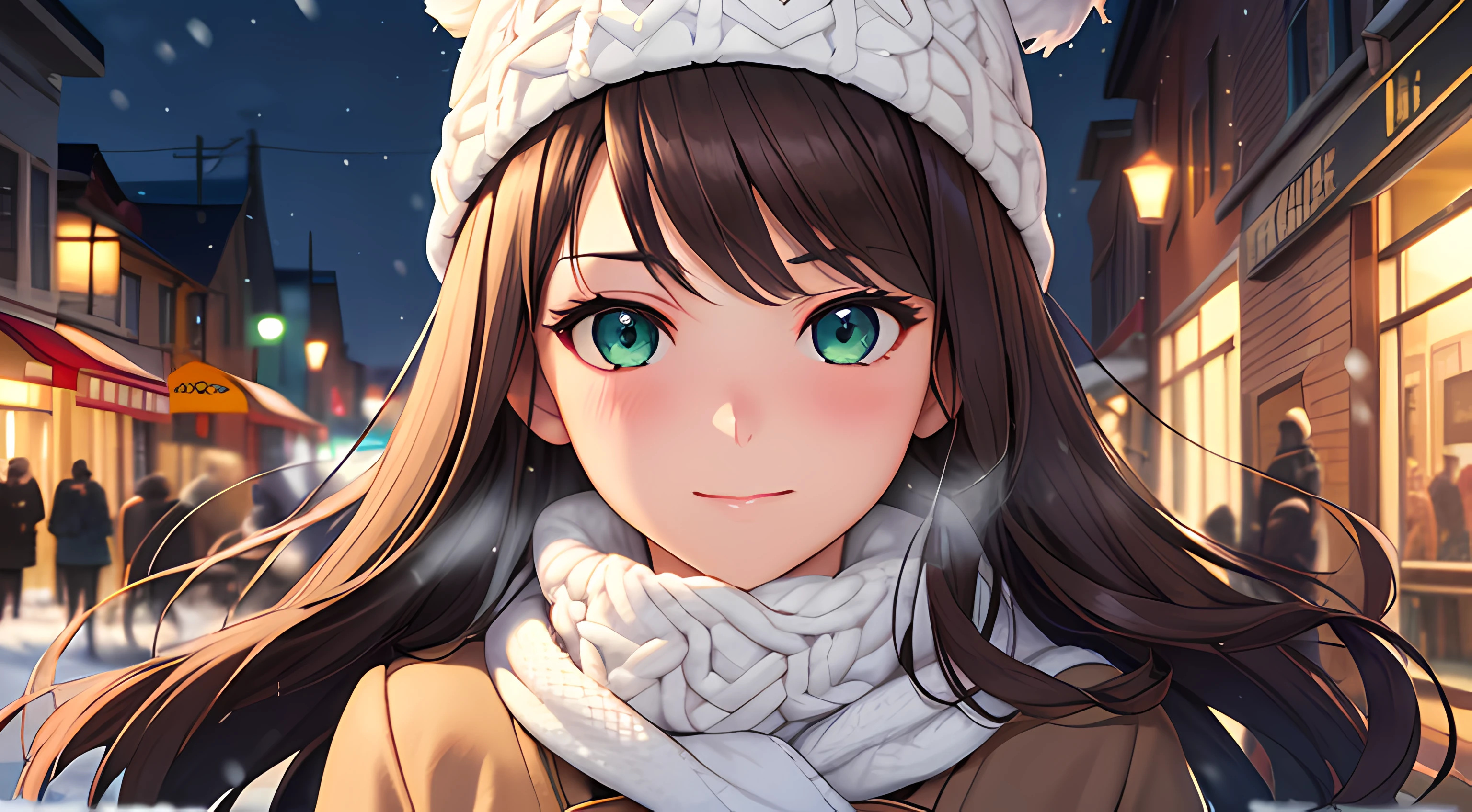 ((masterpiece, best quality, highres, UHD, perfect pixel, depth of field, 4k, RTX, HDR)), 1girl, single, solo, 24 years old, beautiful anime girl, beautiful artstyle, anime character, ((long hair, parted bangs, brown hair)), (green eyes:1.4, rounded eyes, beautiful eyelashes, realistic eyes), (detailed face, blushing:1.2), (smooth texture:0.75, realistic texture:0.65, photorealistic:1.2, cinematic, anime CG style), medium breasts, perfect body, busty, (dynamic angle, pov, close up), ((winter clothes, long coats, knit hat, mittens, gloves, long underwear)), night, city lights, bokeh:1.4, (outdoor, city buildings, crowd), ((winter, snowfall:1.8, the wind blows)), sly smile, graceful, prestigious, glorious, elegant